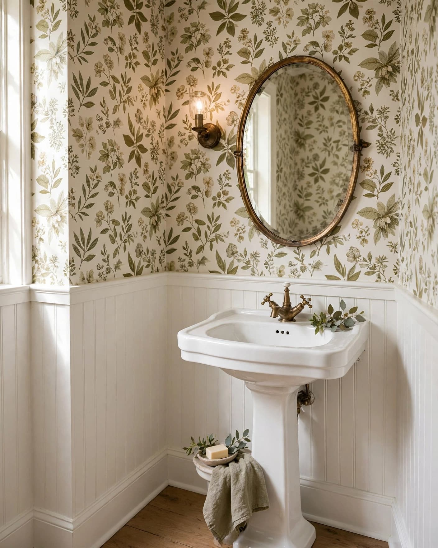 Small powder room with floral wallpaper, pedestal sink, brass mirror, and white beadboard walls.