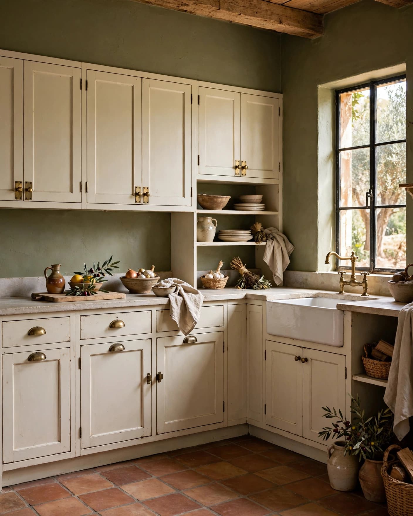 Olive green kitchen with cream cabinets, brass hardware, and terracotta floor tiles.