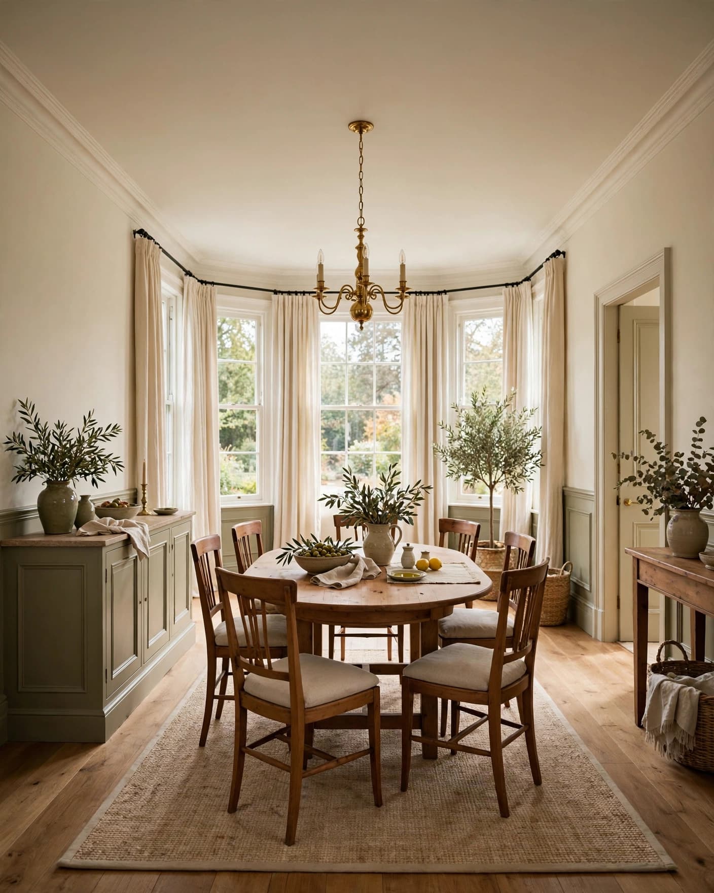 A wooden dining table and chairs stand against olive and ivory walls divided by a chair rail.