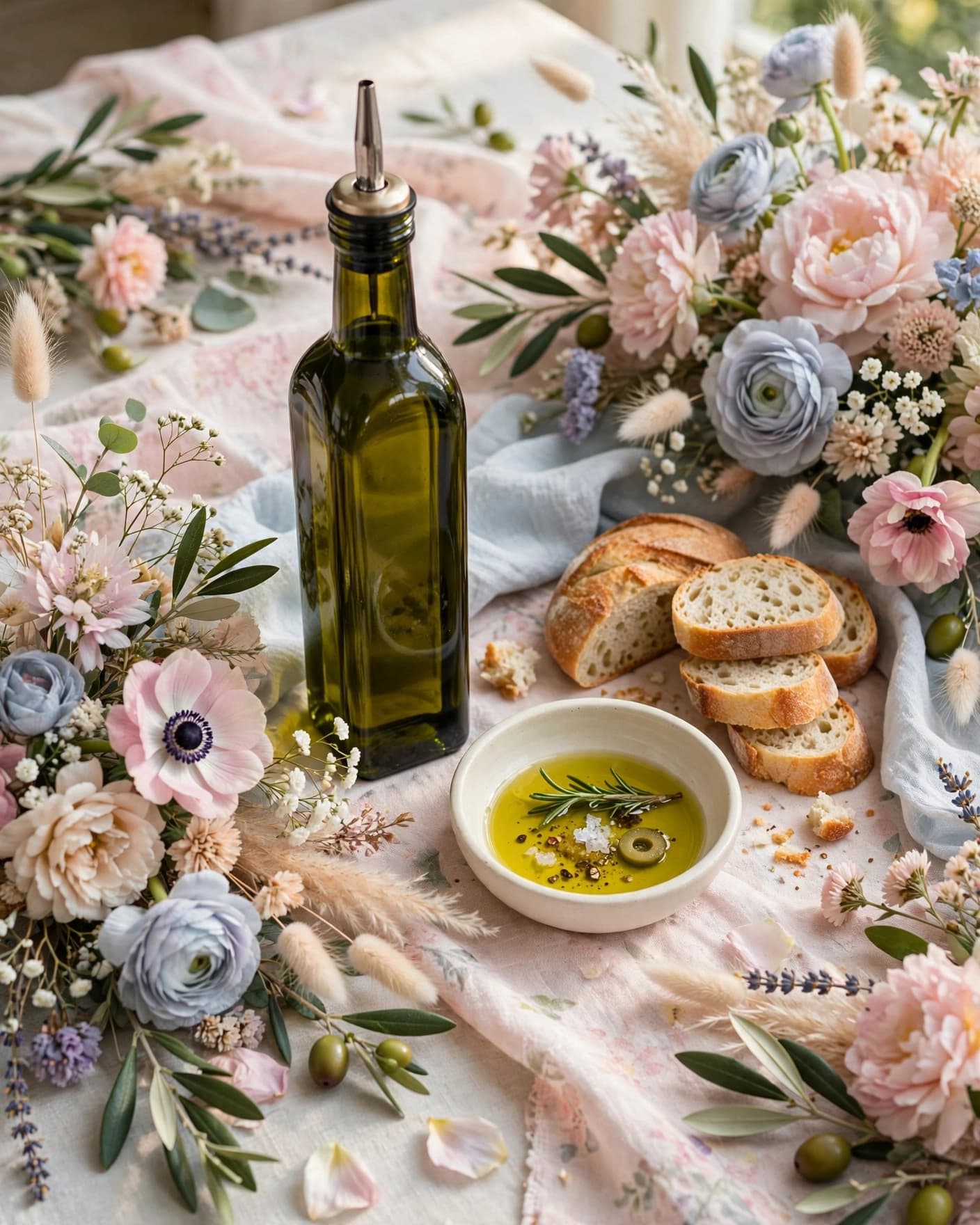 Olive oil bottle with bread and dipping dish on a pastel floral table.