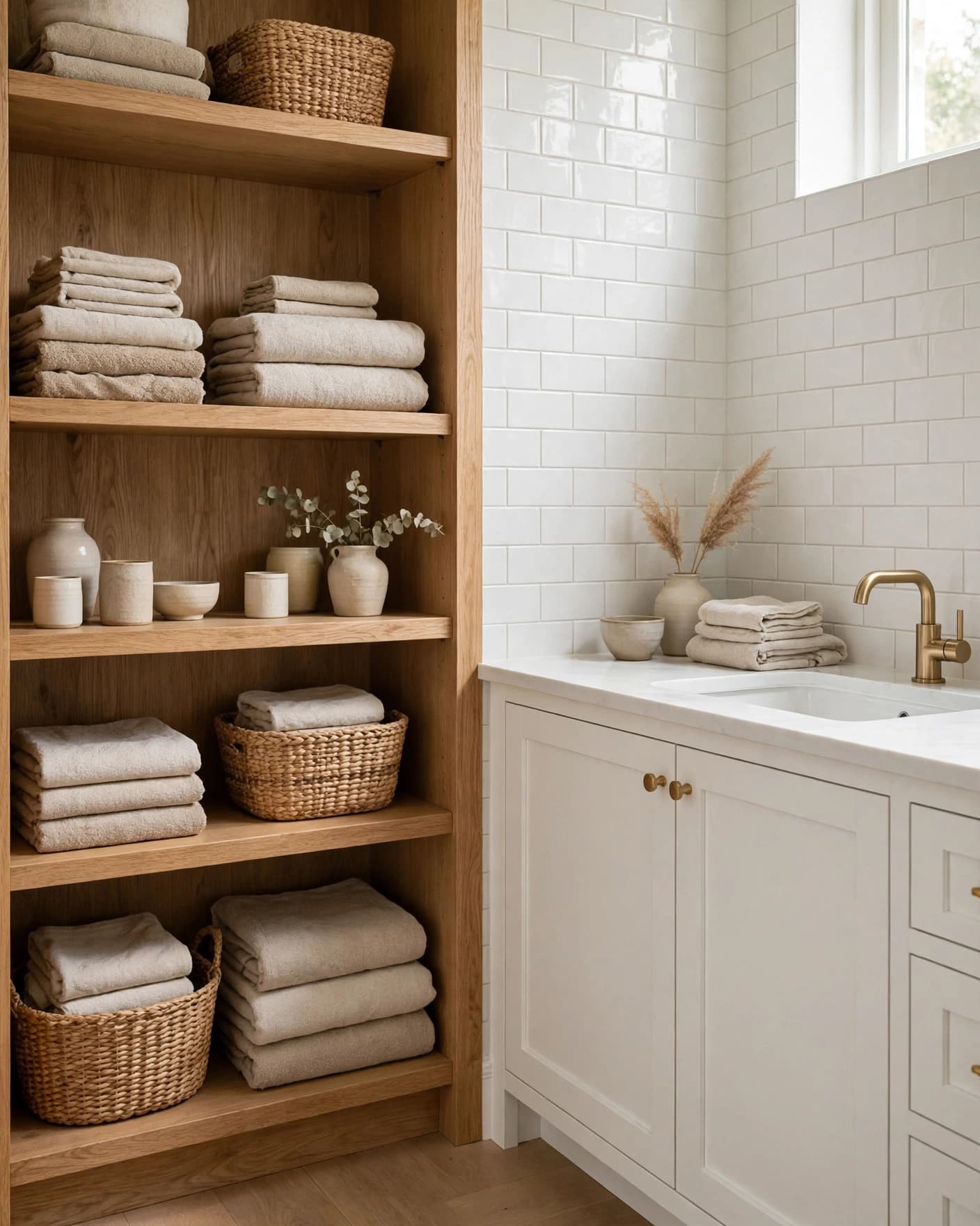 Open oak shelves beside a white bathroom vanity with towels and woven baskets.