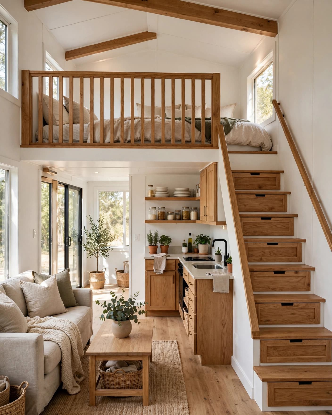 A sleeping loft sits above a bright living area with drawer stairs.