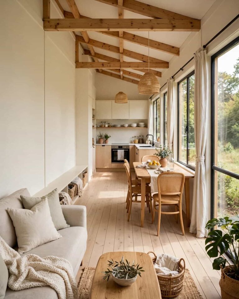 A bright, narrow home with a kitchen, sofa, and dining nook.