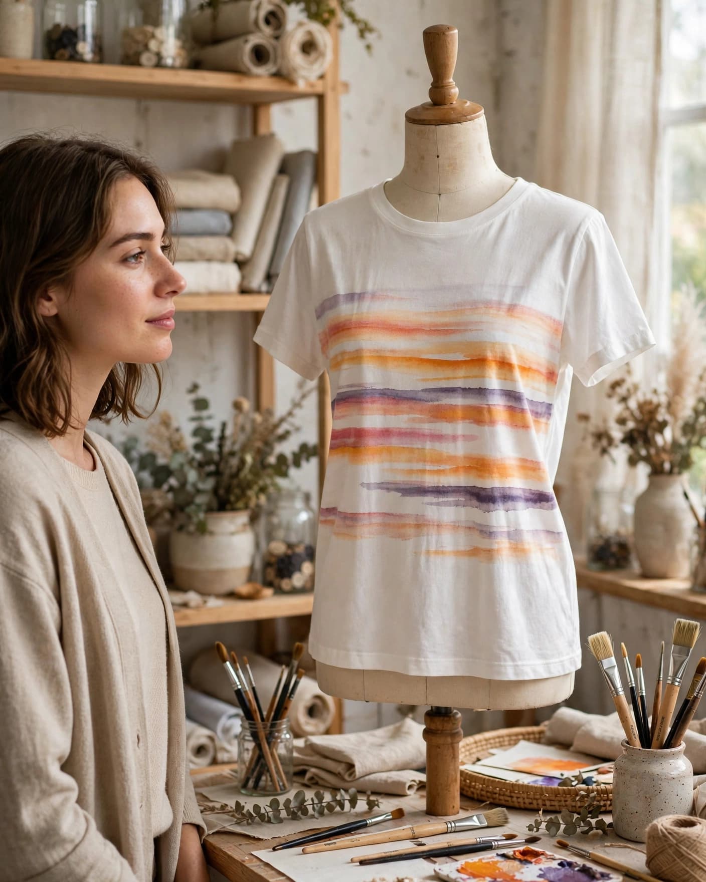 A white T-shirt with sunset stripes displayed on a dress form beside paint brushes.