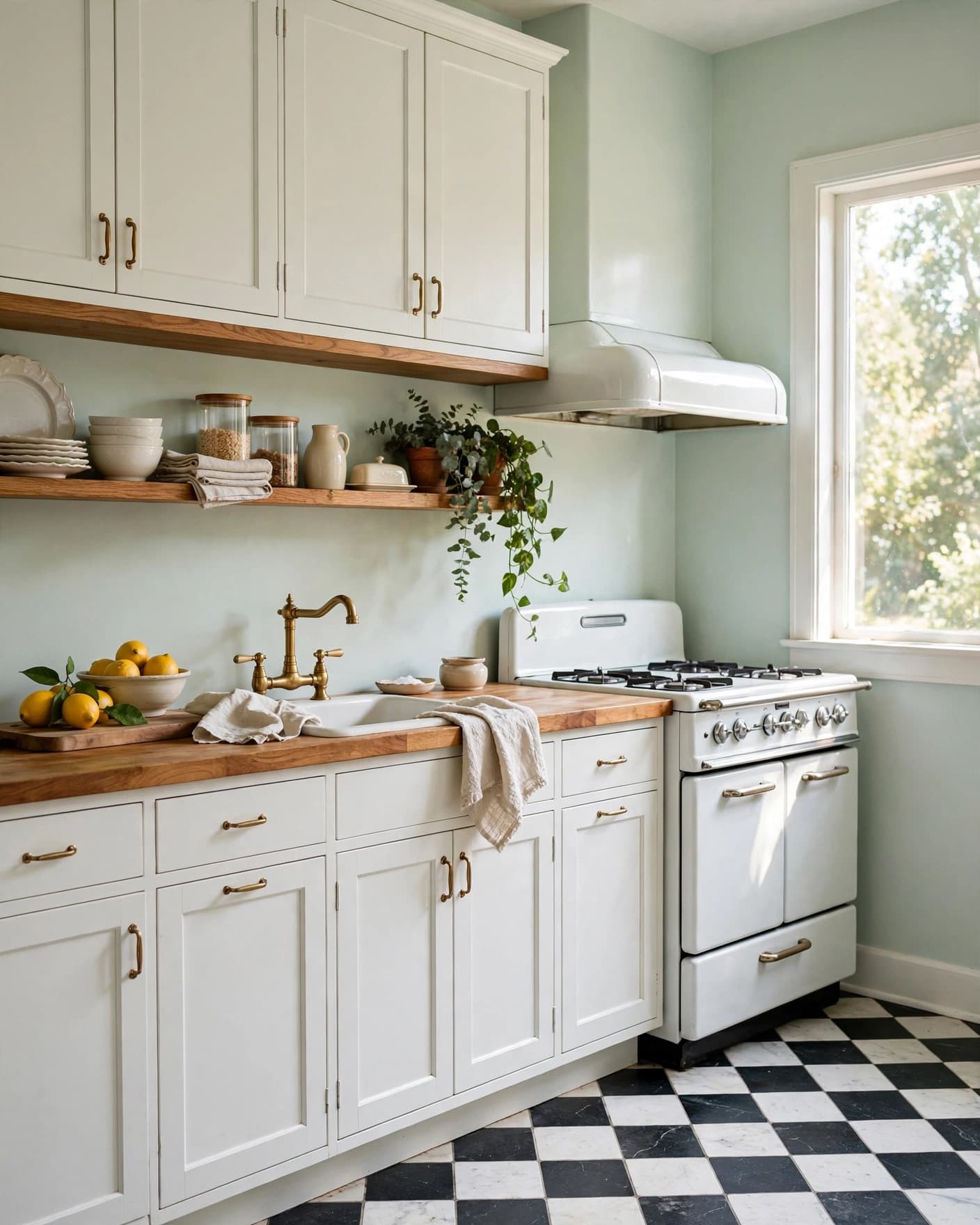 A pale mint kitchen with white cabinets, oak shelves, and a checkerboard floor.