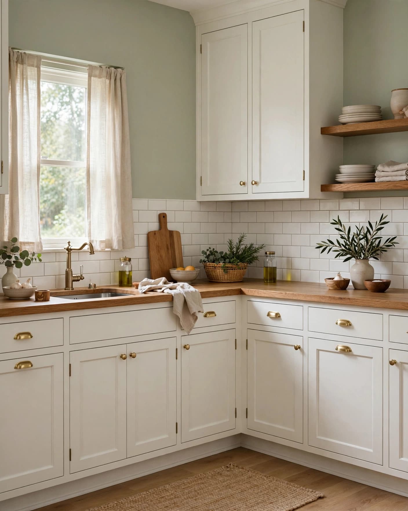 A pale green kitchen with white cabinets, oak details, and brass hardware.