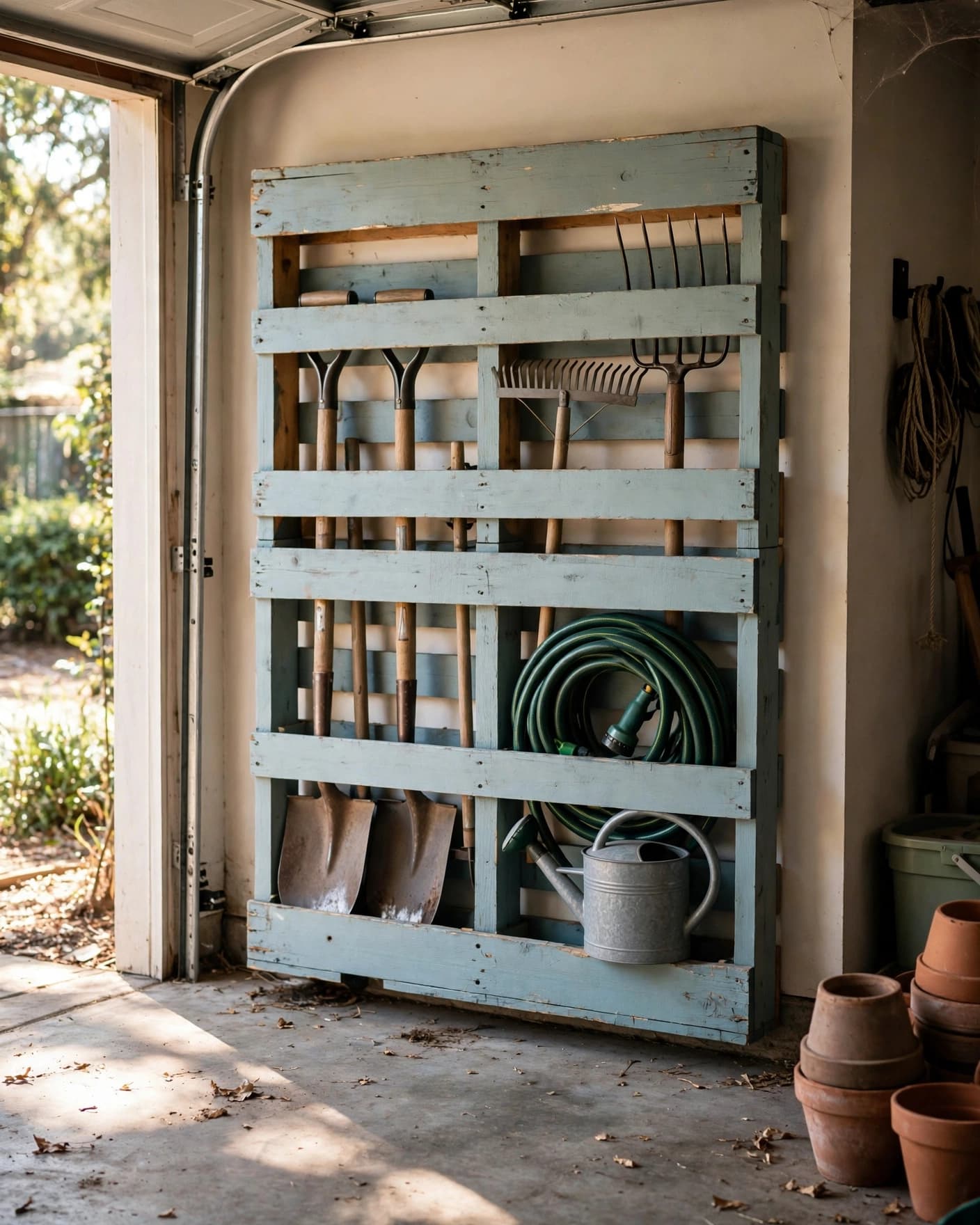 Painted pallet storing shovels and hoses inside a garage.