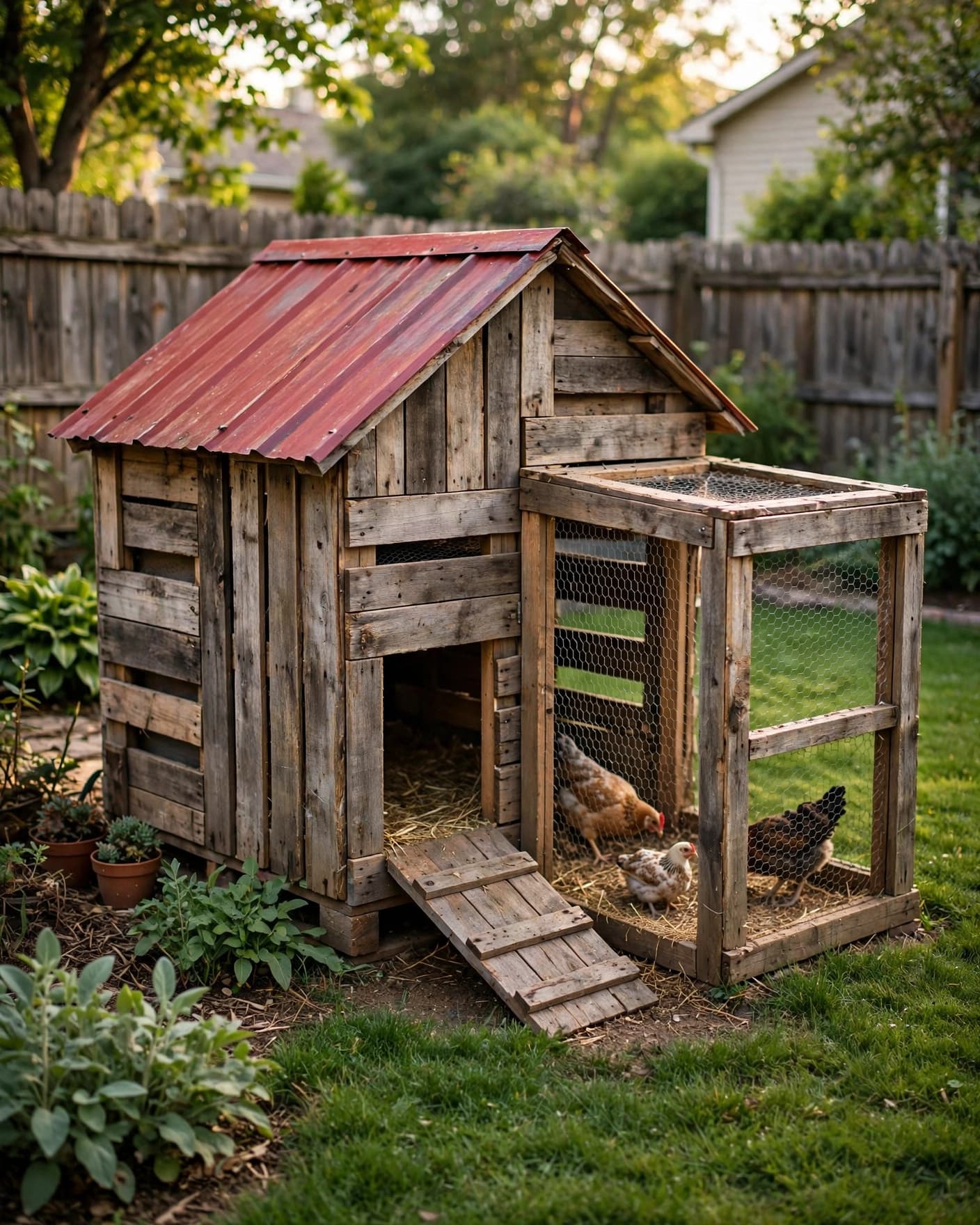 Small pallet-wood chicken coop with a red roof and attached run in a backyard.
