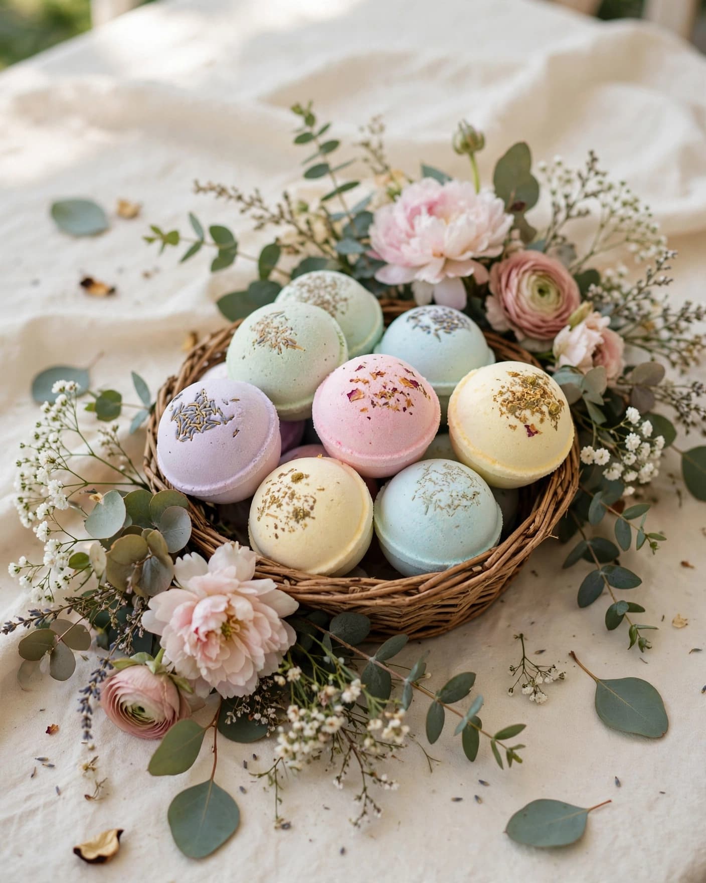 Pastel bath bombs fill a small basket on a cream tablecloth beside flowers.