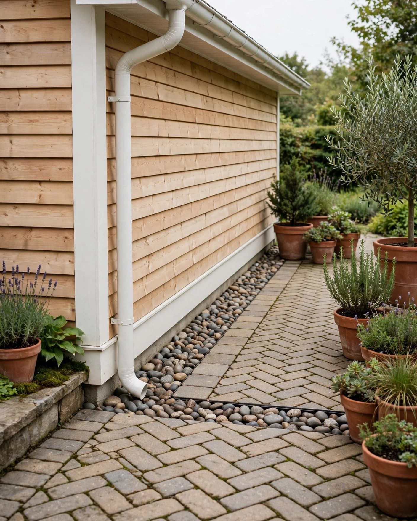 A downspout drains into a stone-lined channel beside a paved patio.