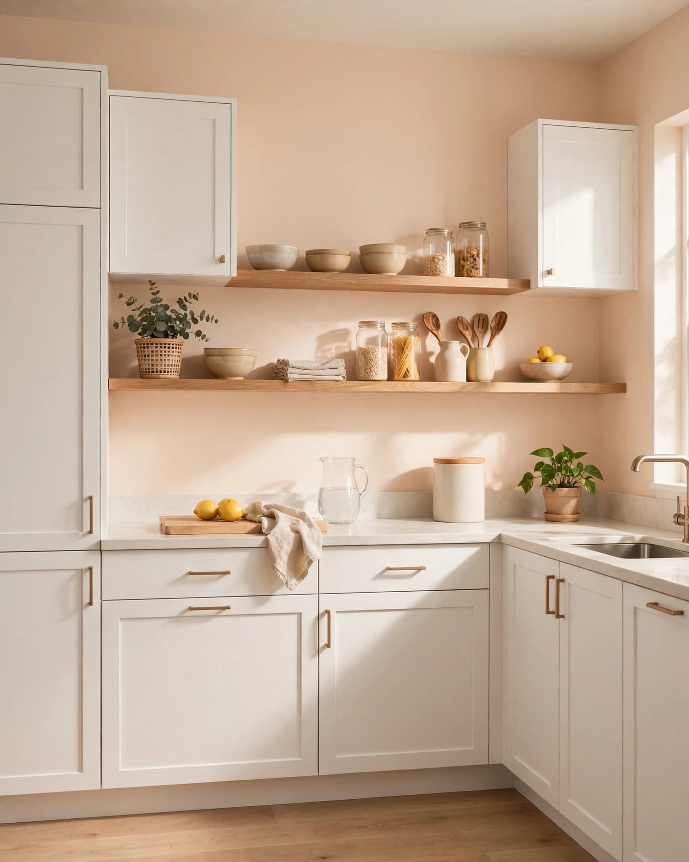 A warm kitchen with peach walls, white cabinets, and oak shelves in morning light.