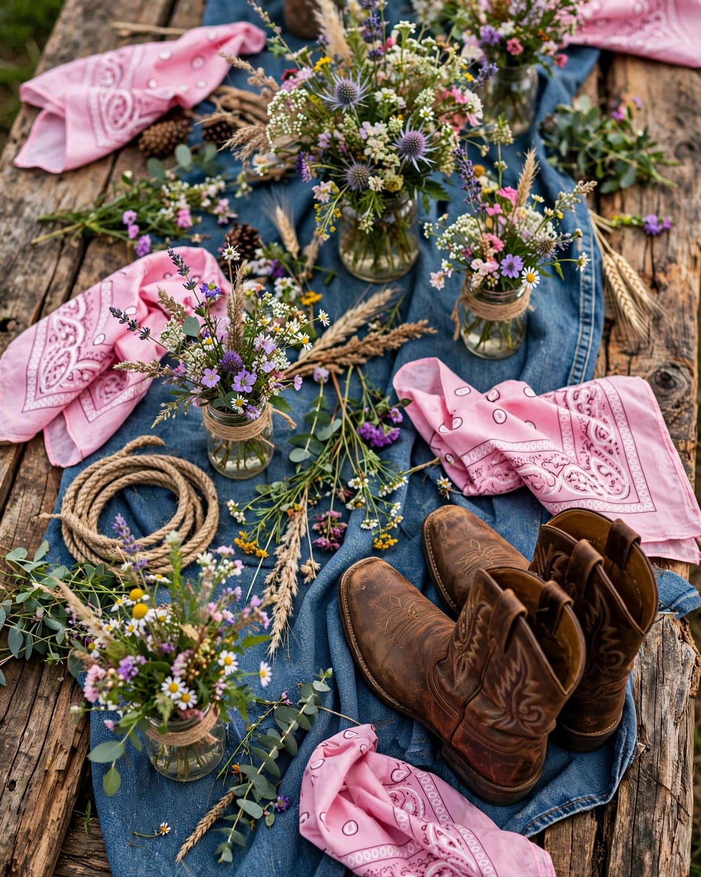 Cowgirl party table decorated with pink bandanas, denim, boots, and wildflowers.