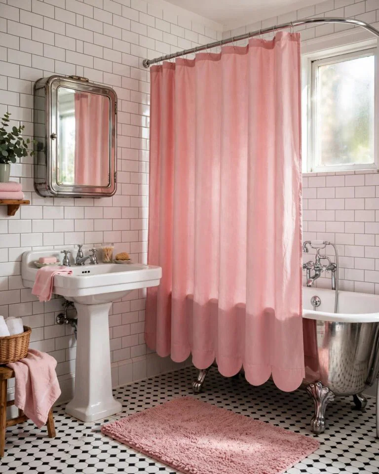 Pink bathroom with a scalloped shower curtain, chrome tub, white tiles, and rose bath mat.