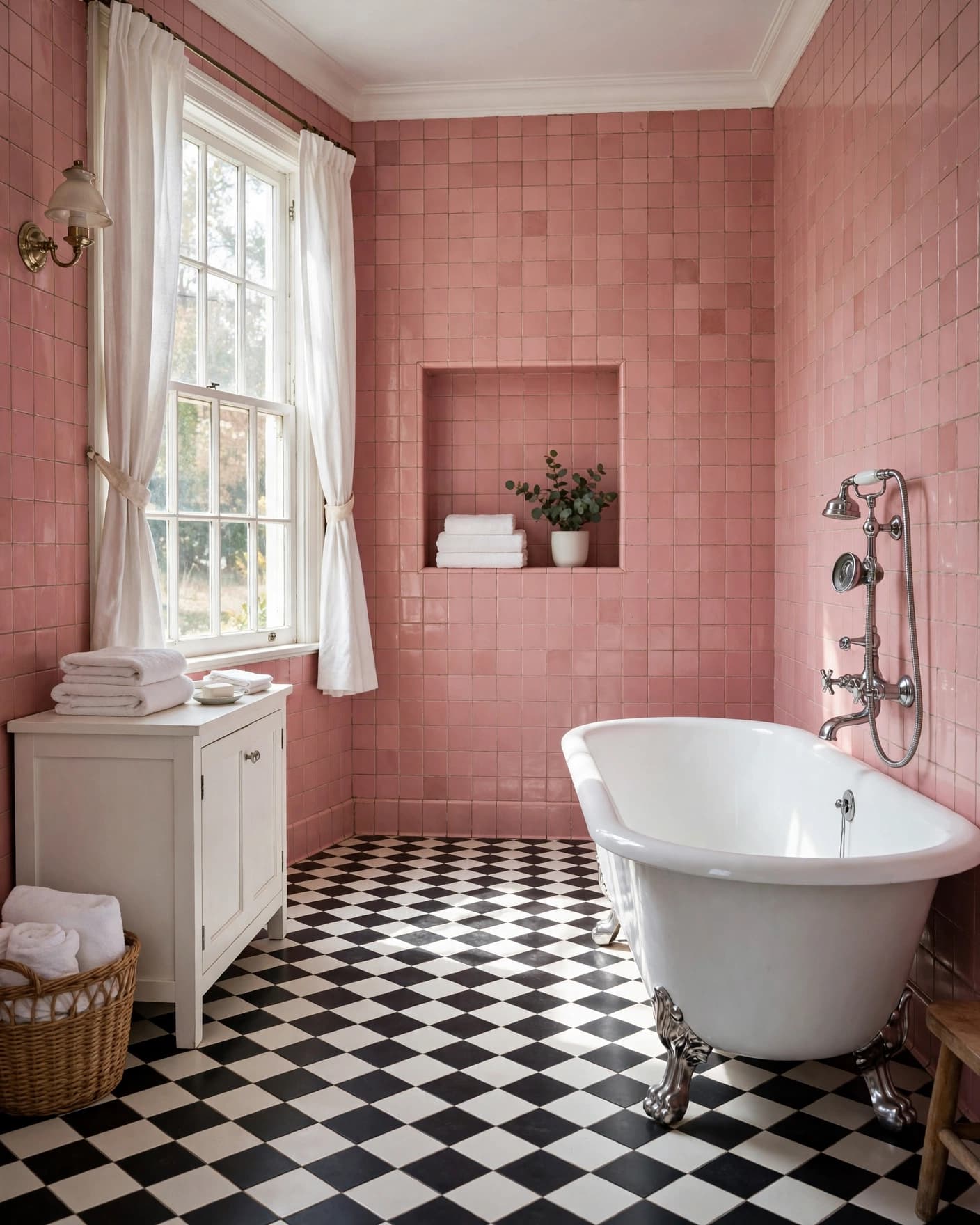 Pink bathroom with a white tub, rose tile, checkerboard floor, and chrome hand shower.