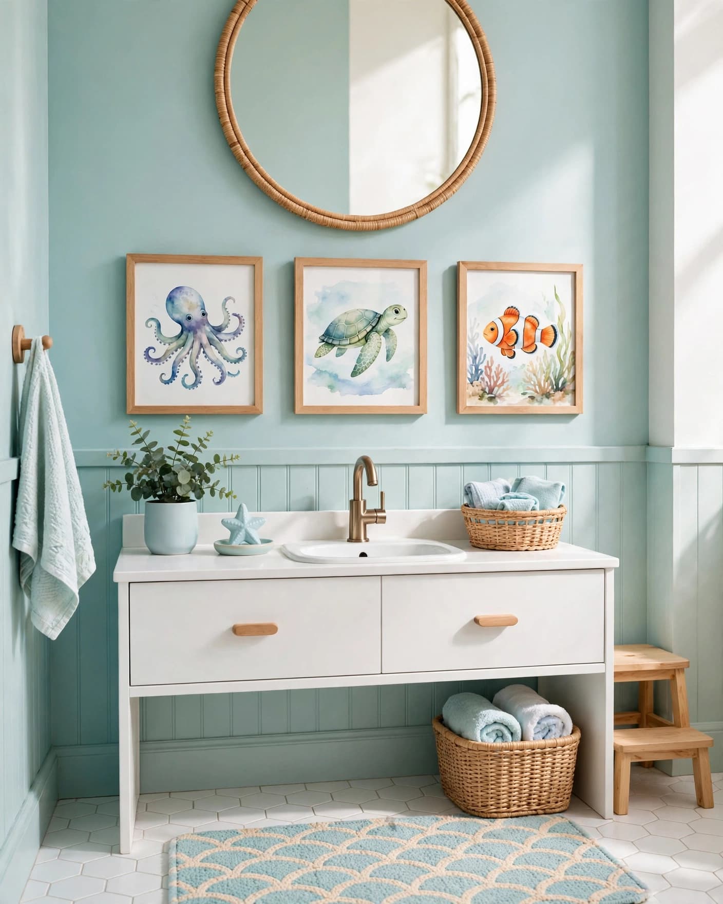 Children's bathroom with sea animal art above a white vanity.