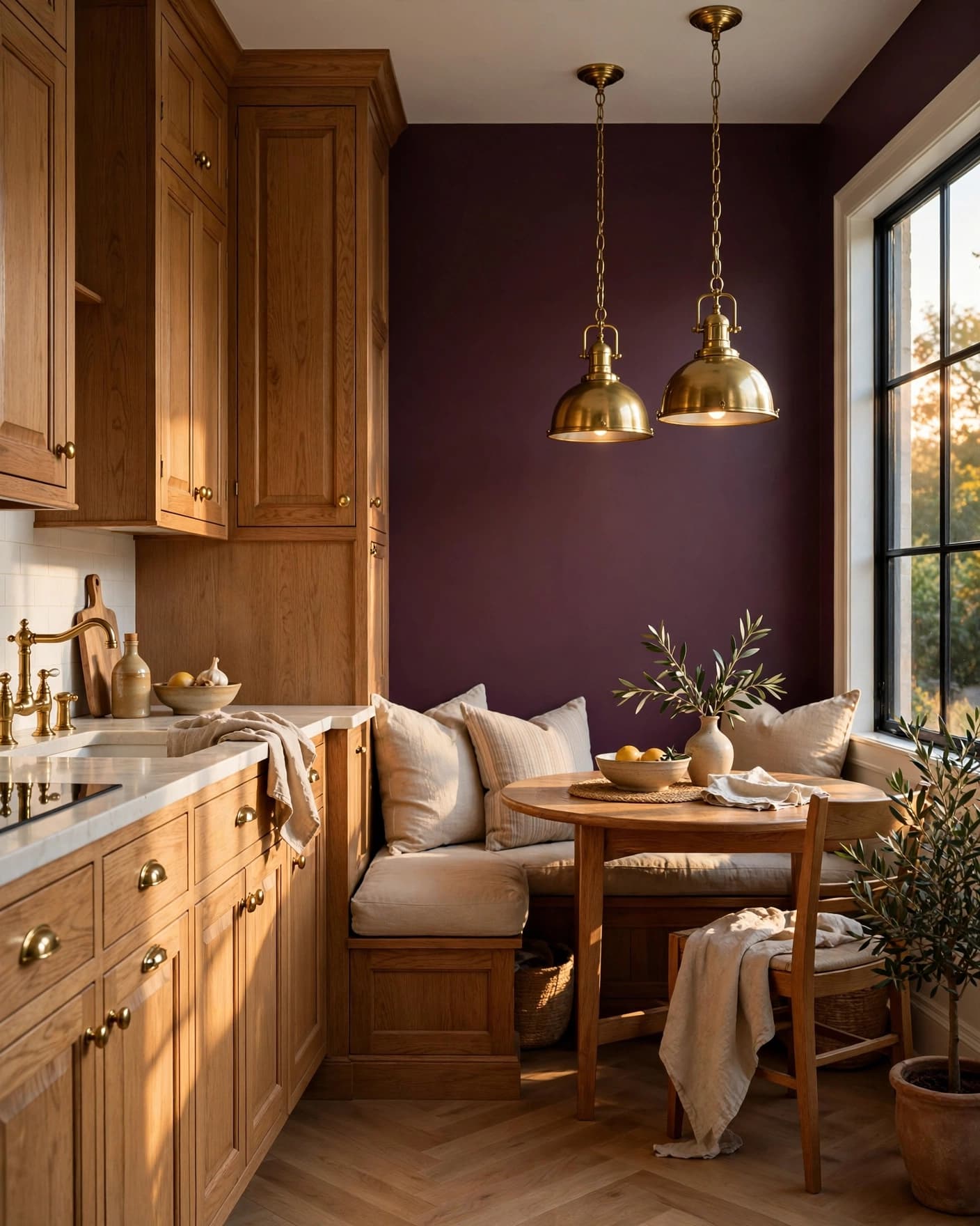 Warm white kitchen with oak cabinets, brass lights, and a deep plum dining nook wall.