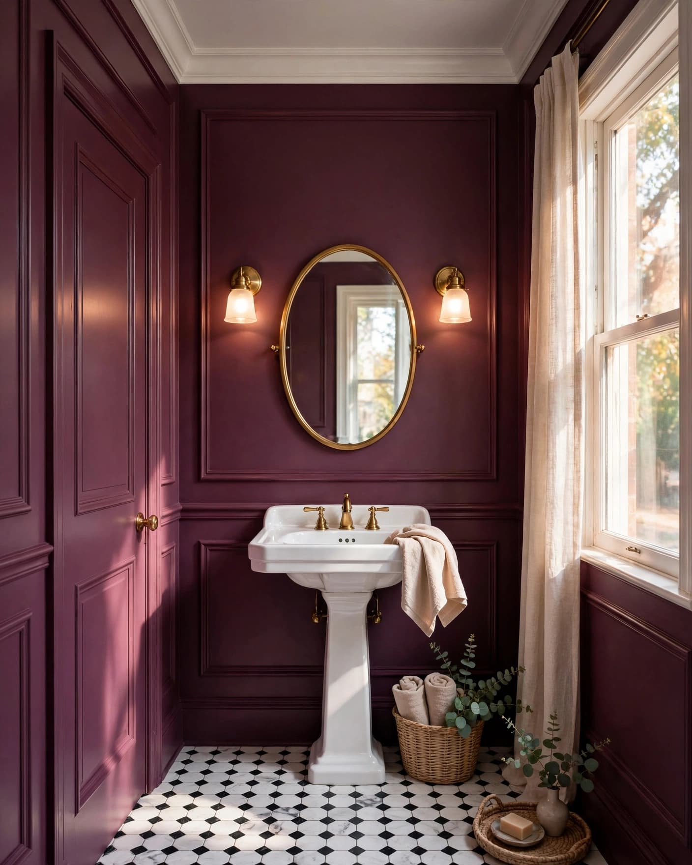 A plum powder room with decorative wall molding, a pedestal sink, and brass sconces.