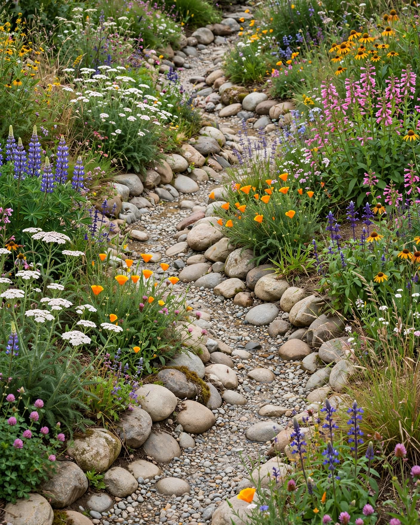 A gravel creek bed winds through wildflowers and grasses in a pollinator garden.
