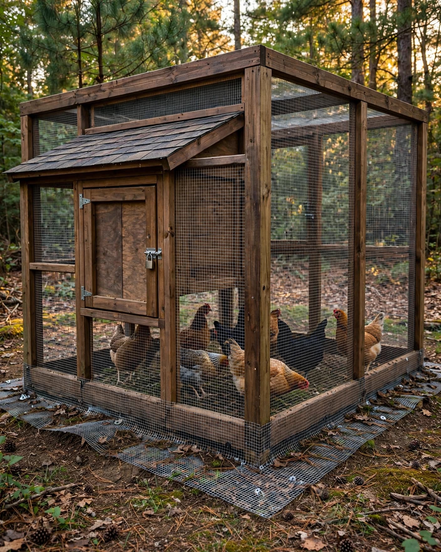 A raised chicken coop with hens in a secure run among trees.