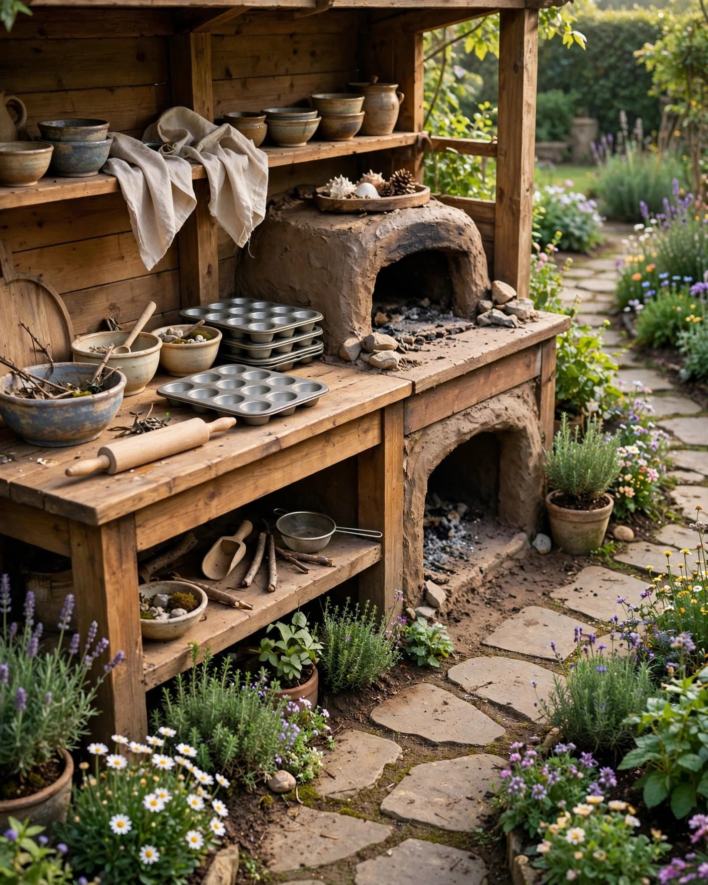A wooden mud kitchen with bowls, muffin tins, and a low oven beside garden flowers.