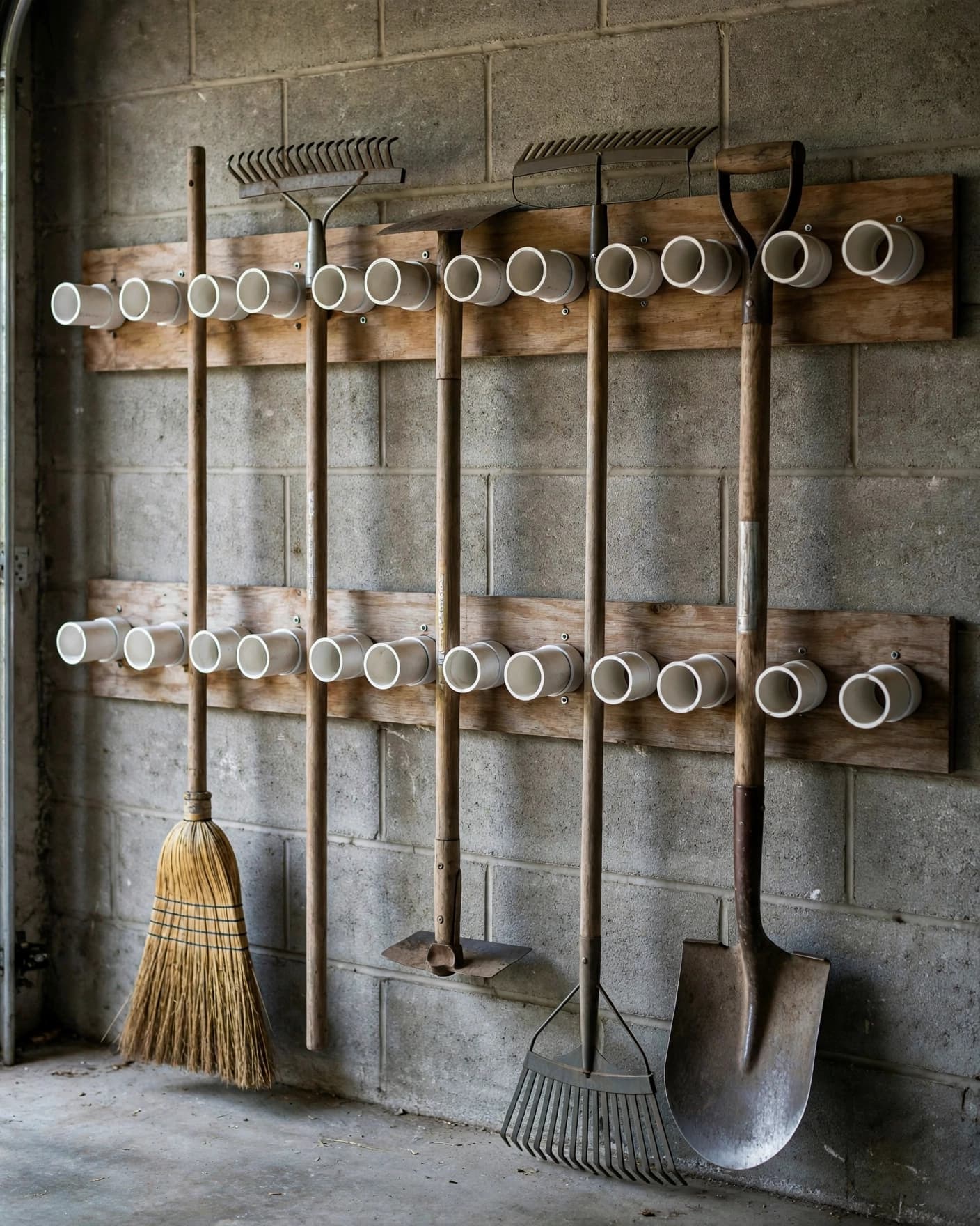 PVC pipe holders keep broom and rake handles organized on a garage wall.