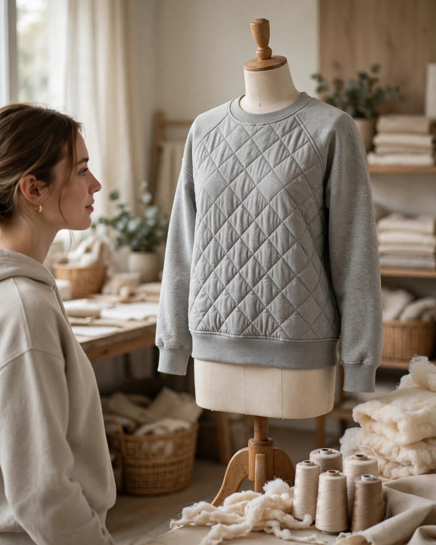 A quilted sweatshirt on a dress form beside batting and thread.