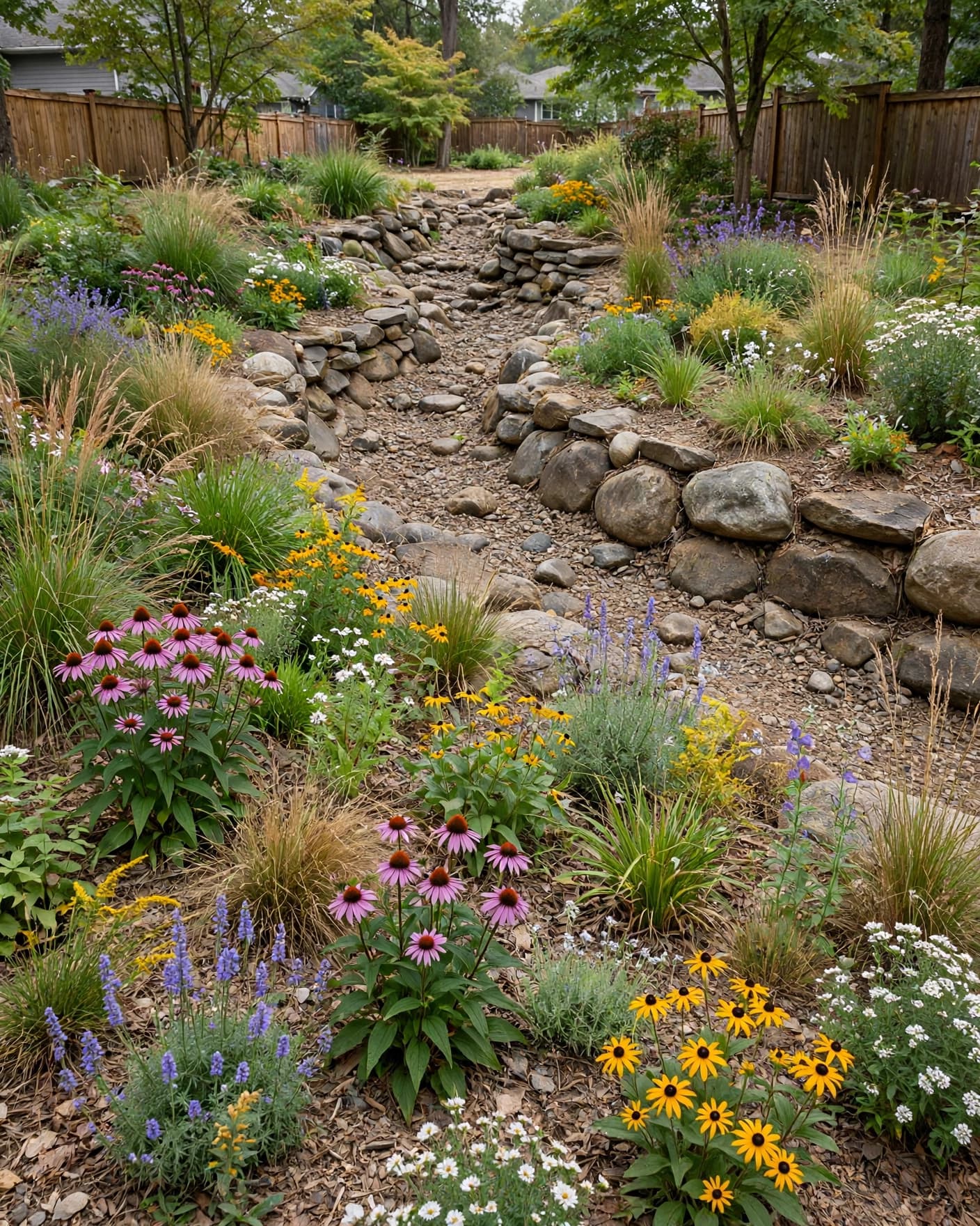 A dry stone creek bed leading into a flower-filled rain garden.
