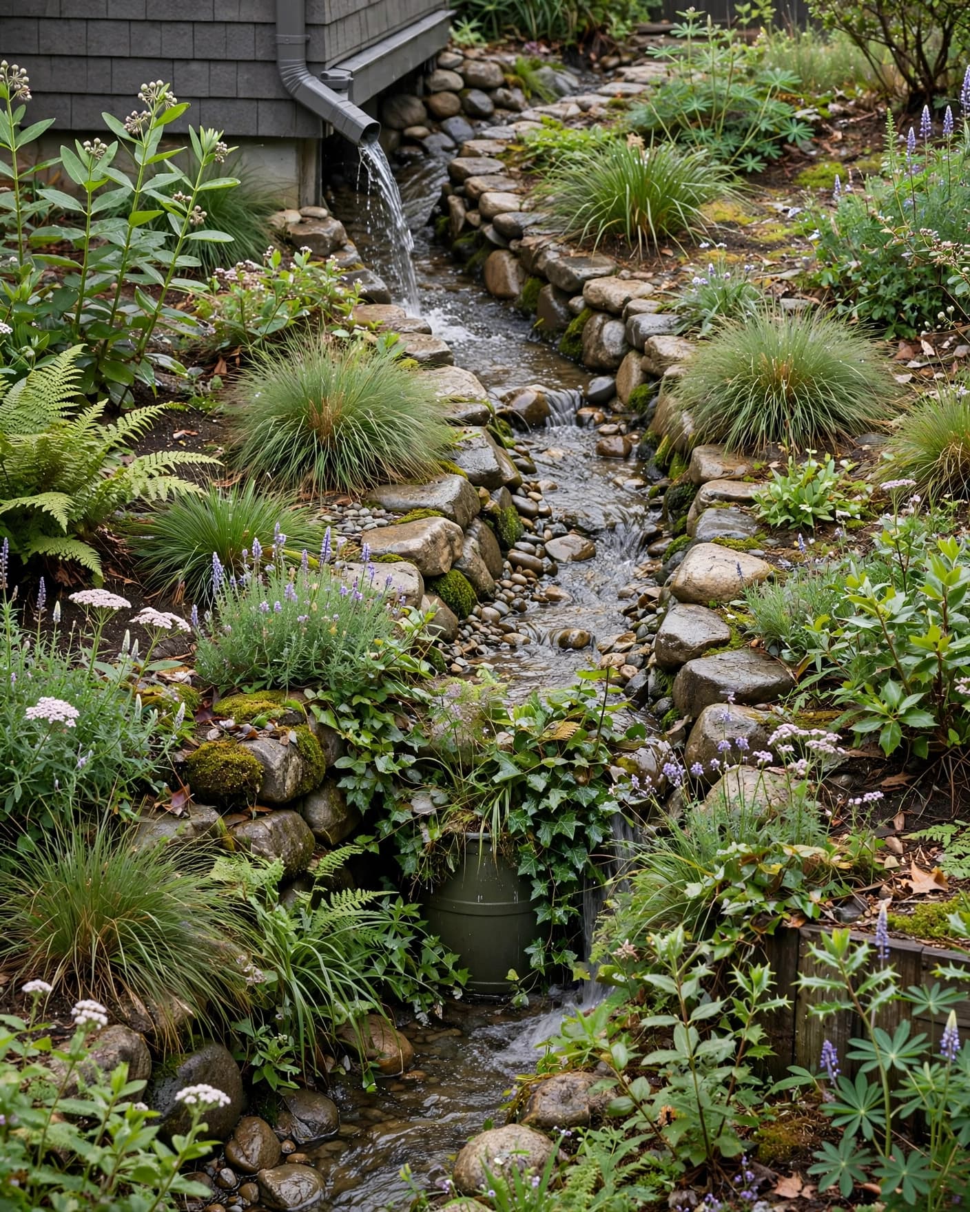 Stone-lined creek bed guiding roof runoff through a planted backyard garden.