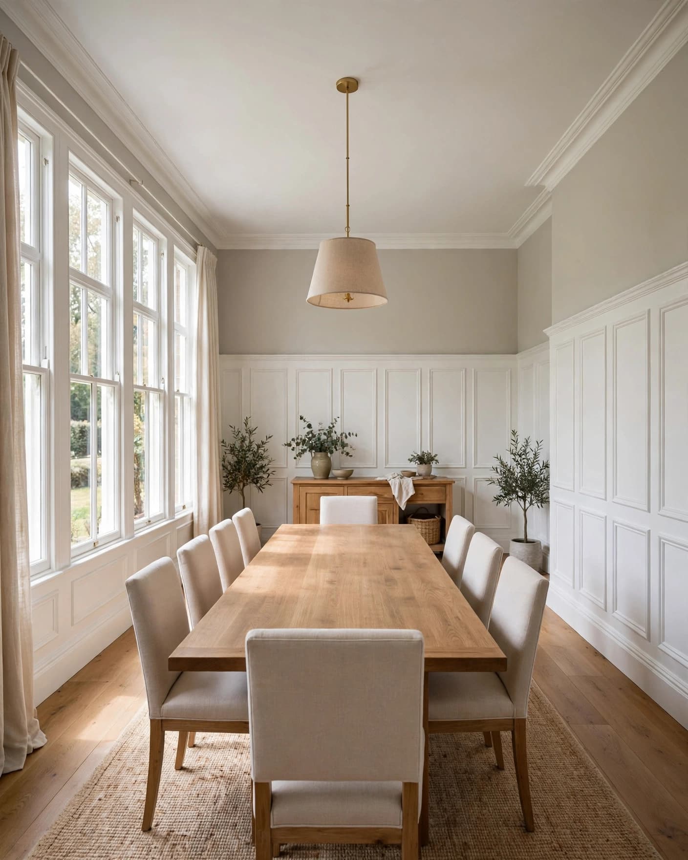A wood dining table and upholstered chairs stand against walls with white raised-panel wainscoting.