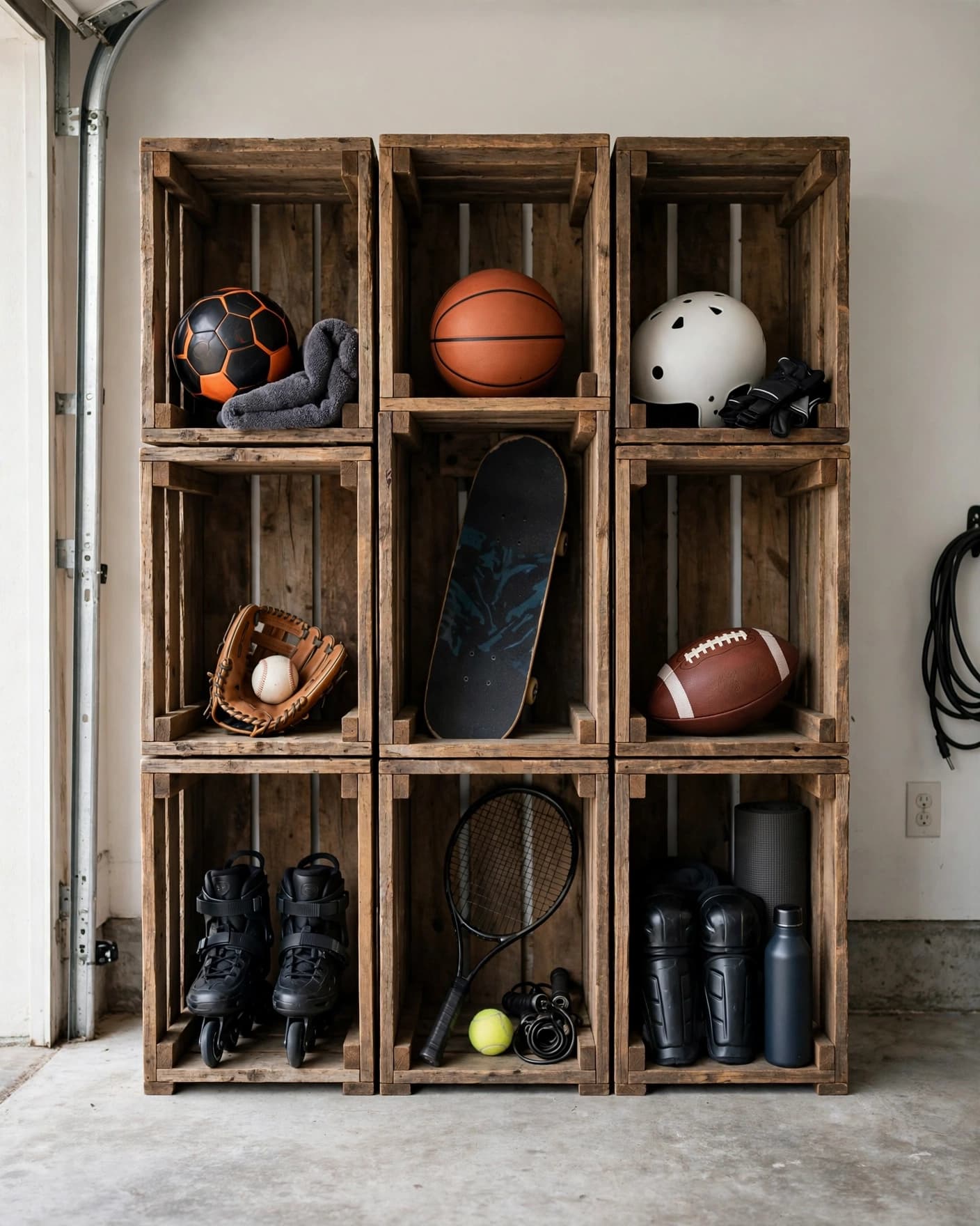 Stacked wooden crates hold sports gear in a bright, tidy garage.