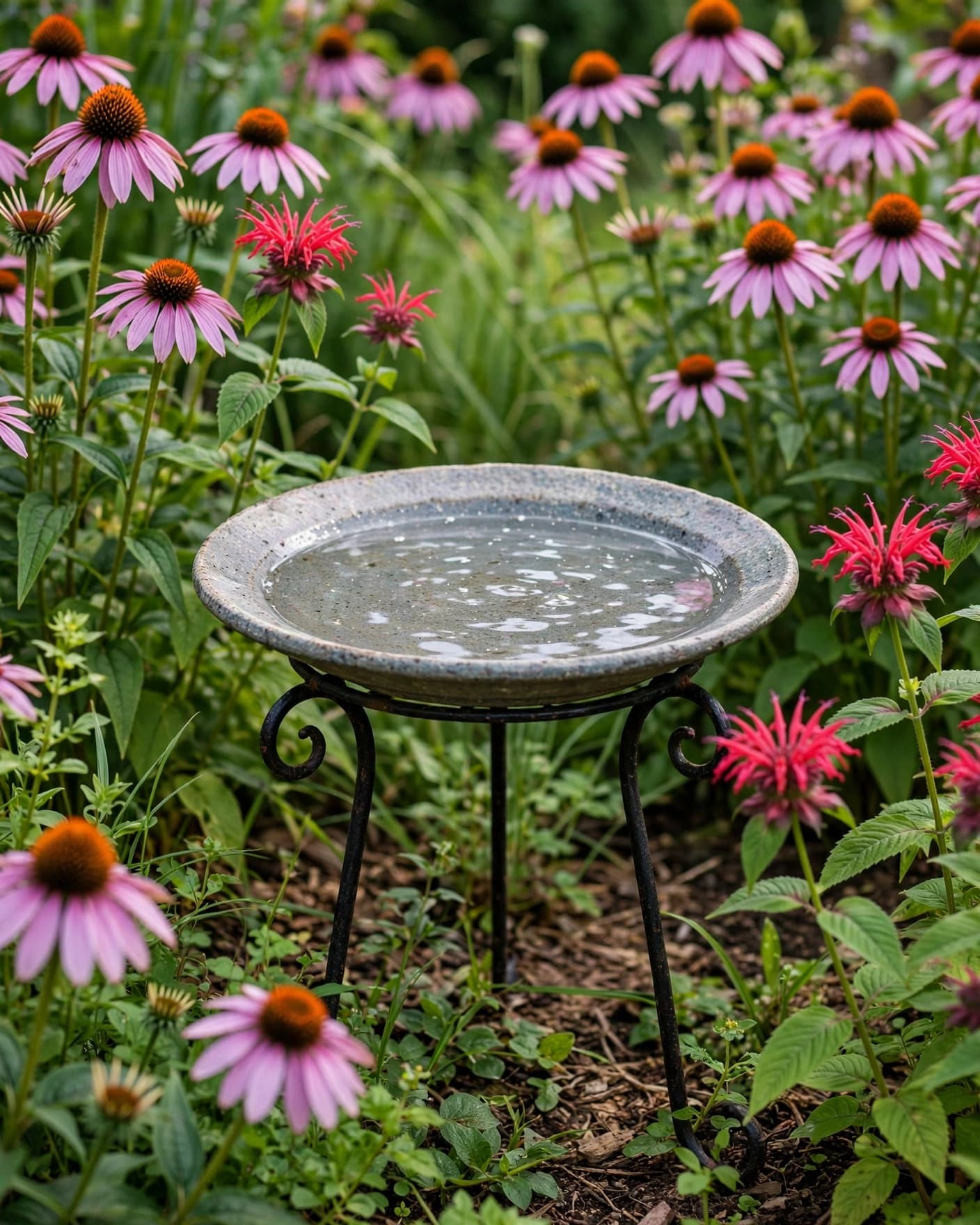A reclaimed plate bird bath stands among coneflowers and bee balm.