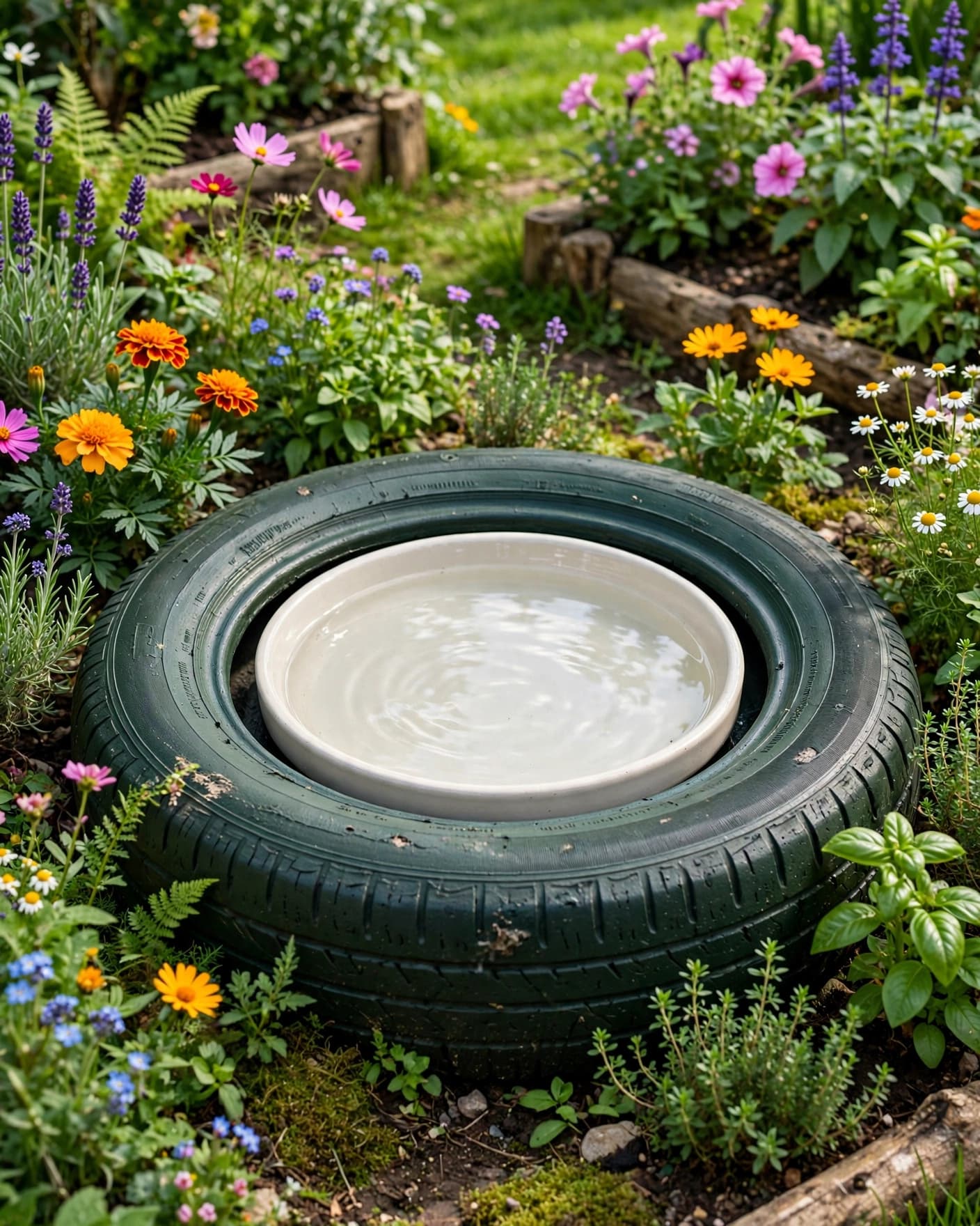 A green tire bird bath with a ceramic saucer sits among garden flowers.