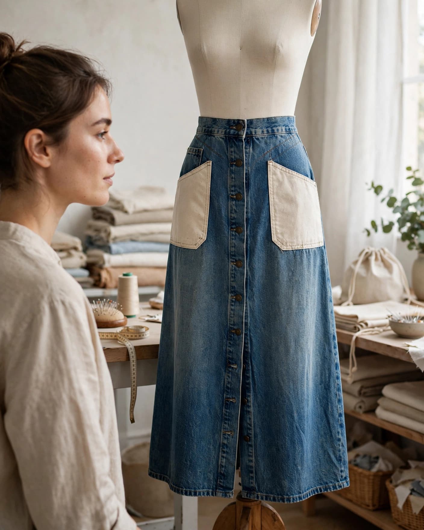 A long denim skirt with patch pockets hangs on a dress form in a sewing studio.
