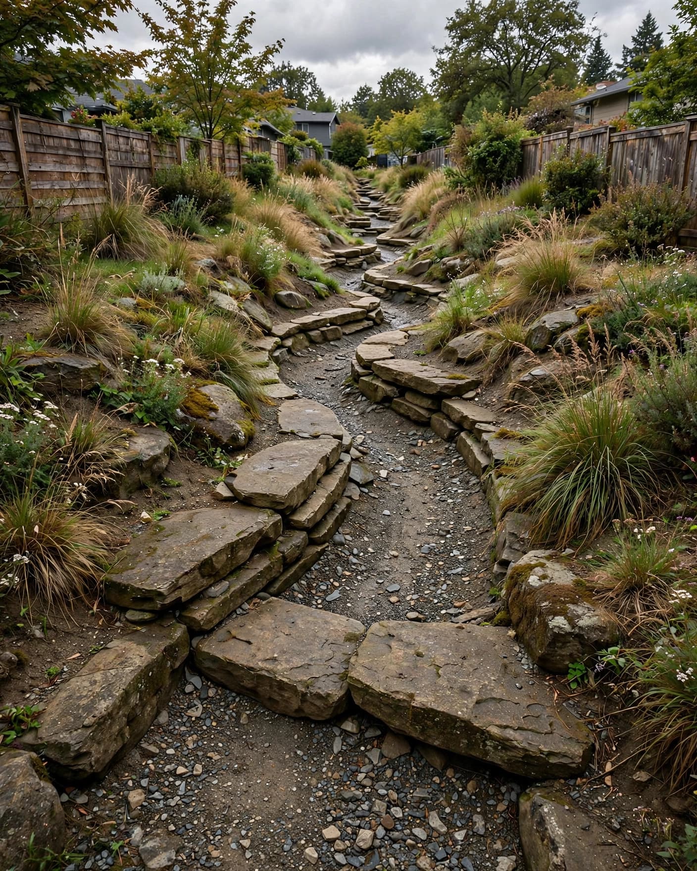 A reinforced stone creek bed runs through a grassy suburban backyard.
