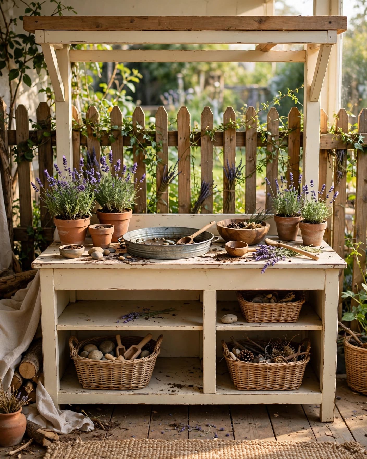 Cream console table converted into a mud kitchen with baskets, pan, lavender, and garden fence.