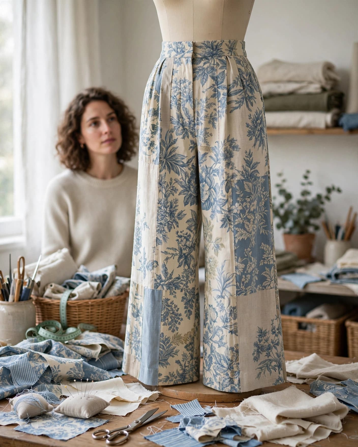 A dress form displays wide-leg pants made from patterned curtains in a sewing room.