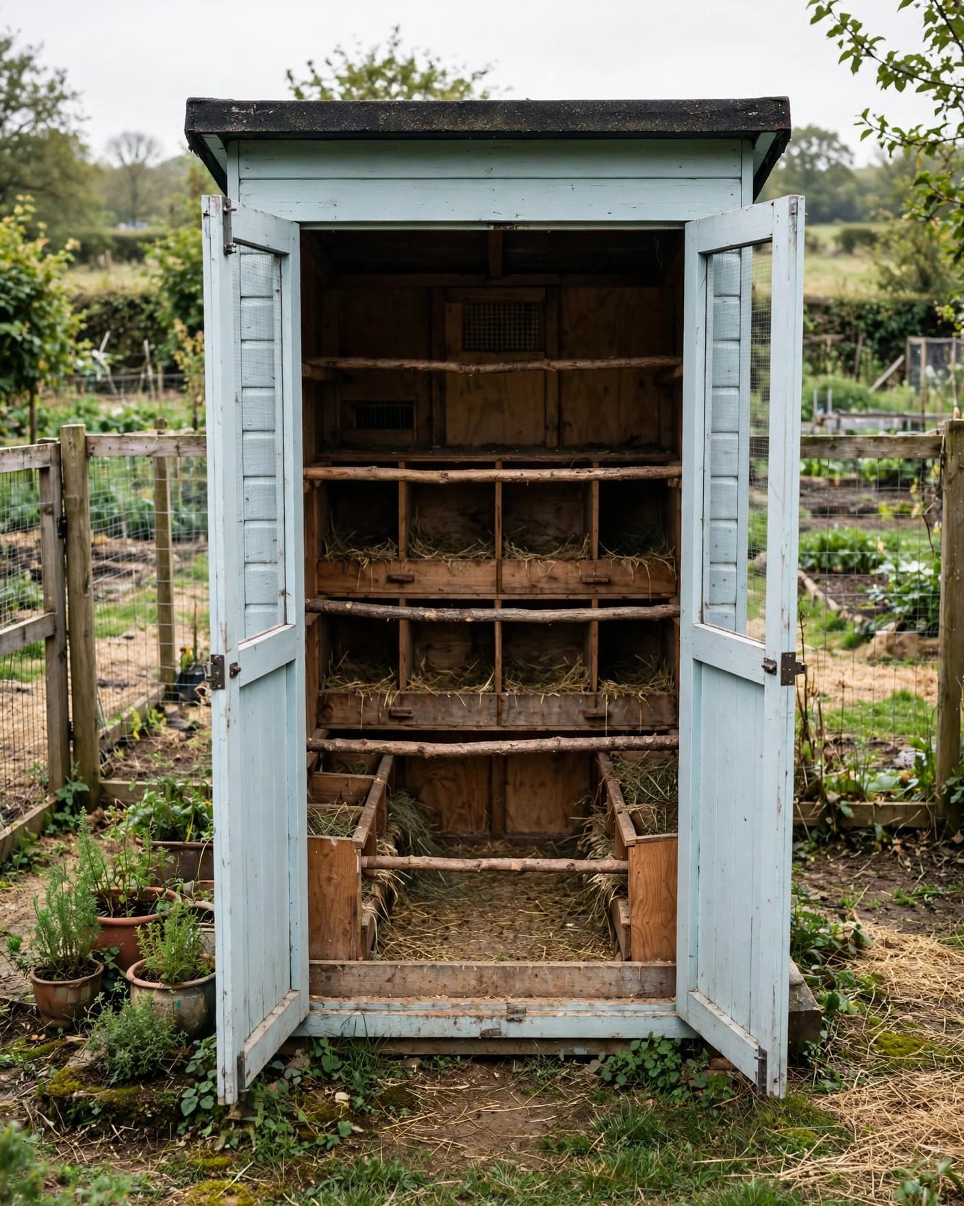 An open blue shed converted into a chicken coop with a fenced run.
