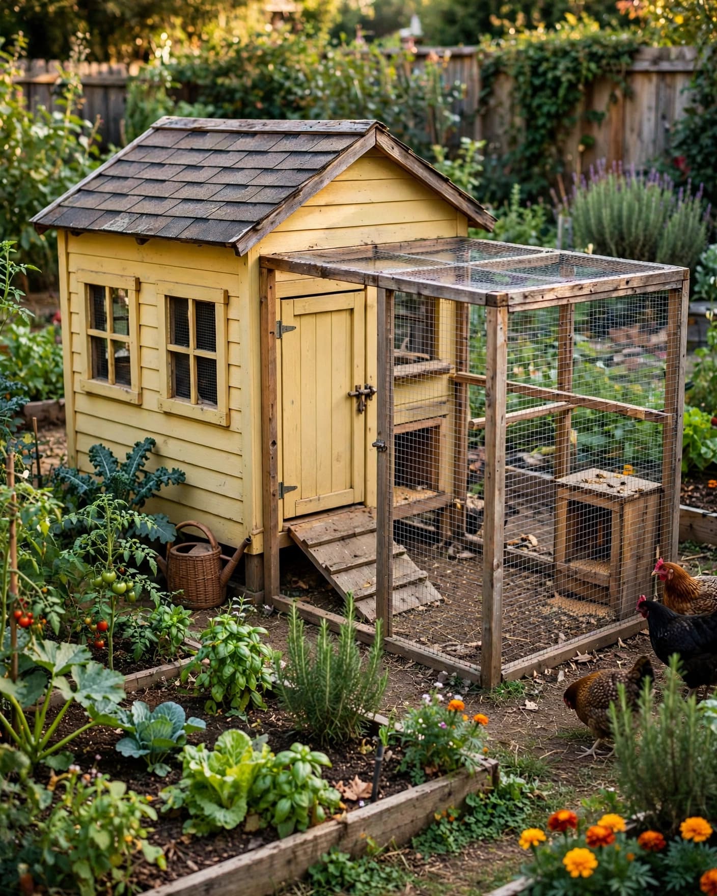 A yellow playhouse converted into a chicken coop beside a backyard garden.