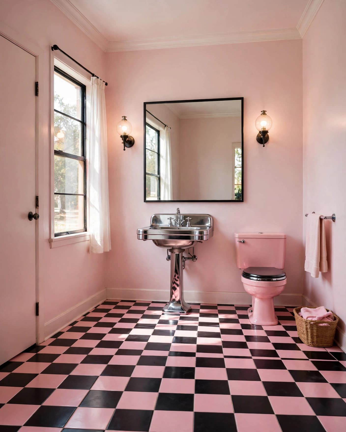 Retro pink bathroom with a checkerboard floor, pedestal sink, mirror, and globe lights.