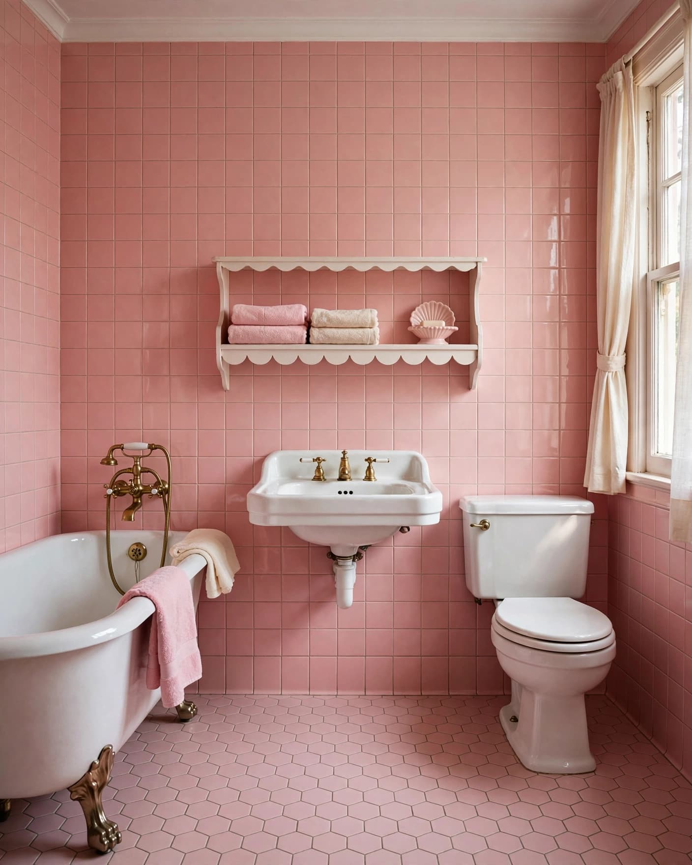 Pink tiled bathroom with white fixtures, towels, and a scalloped shelf.