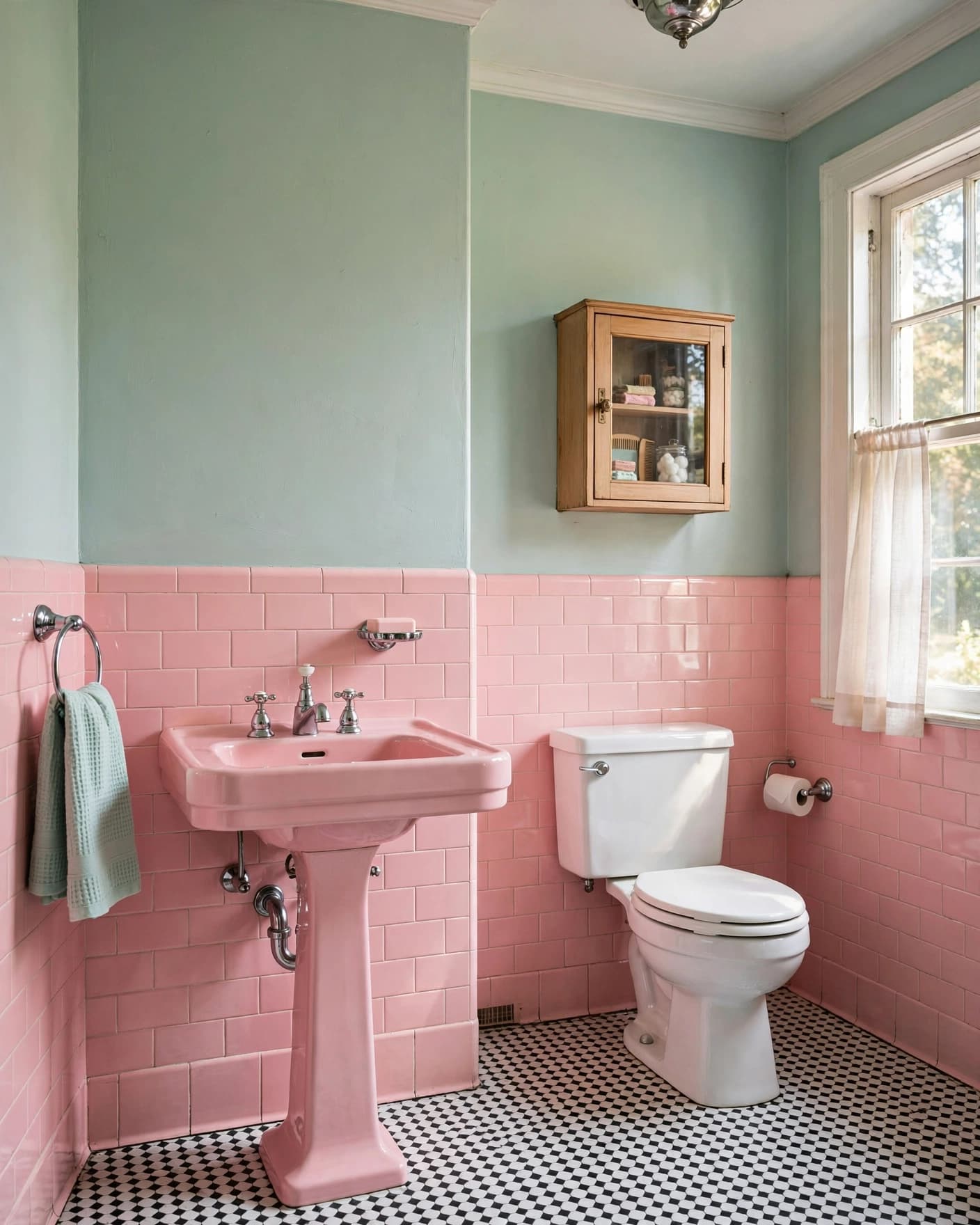 Retro bathroom with a pink sink, mint walls, and a white toilet.