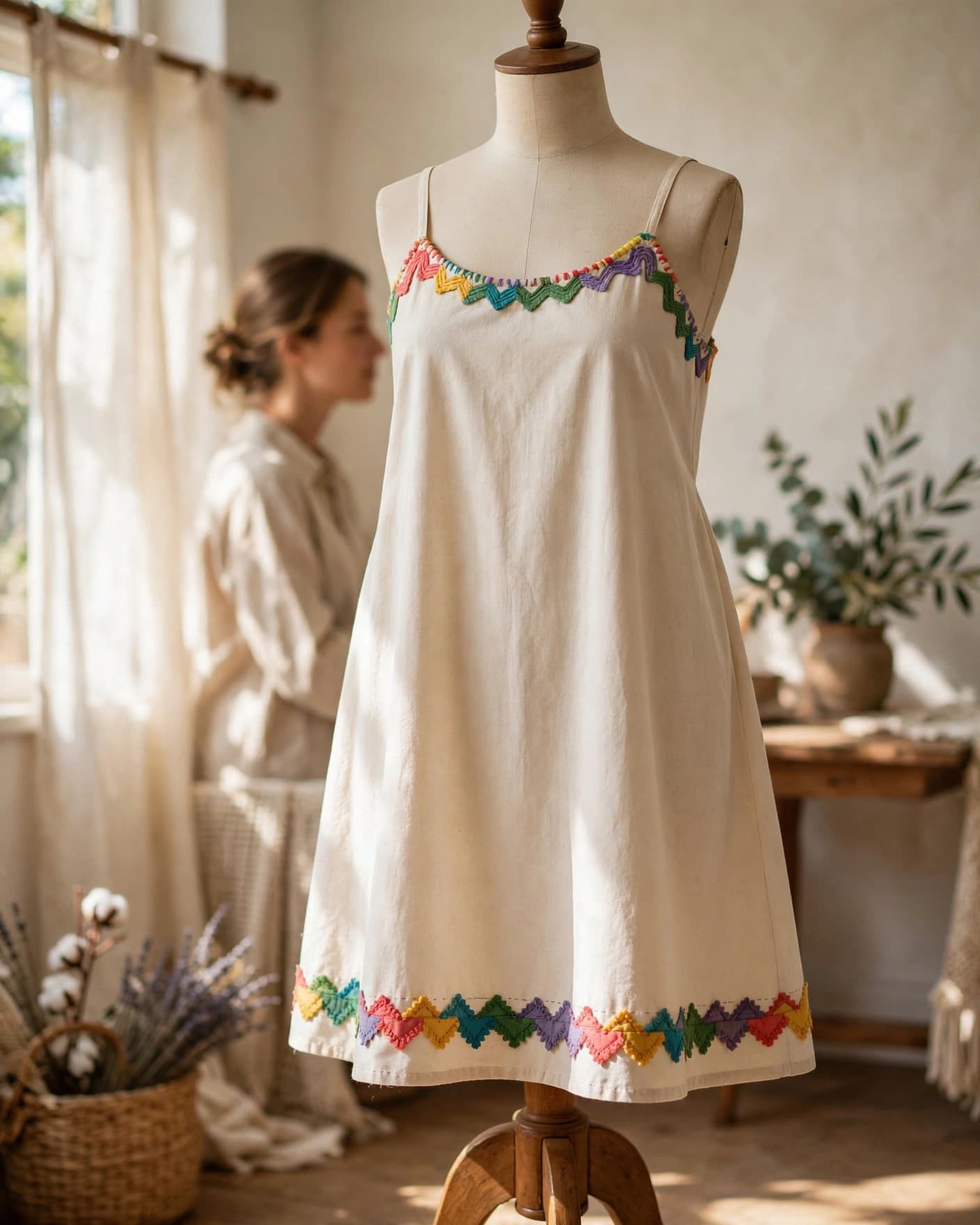 A cotton sundress with colorful ric rac trim hangs on a dress form.