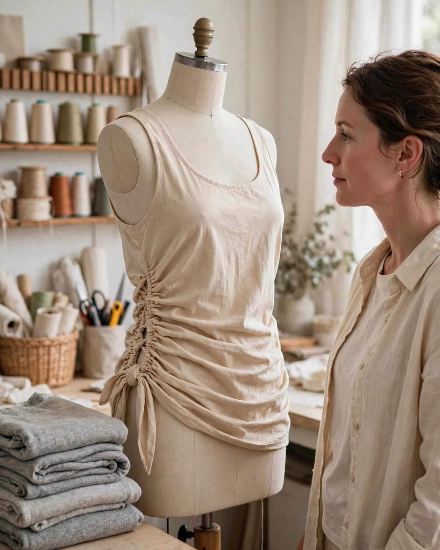 Ruched cotton tank top displayed on a dress form beside folded fabric.