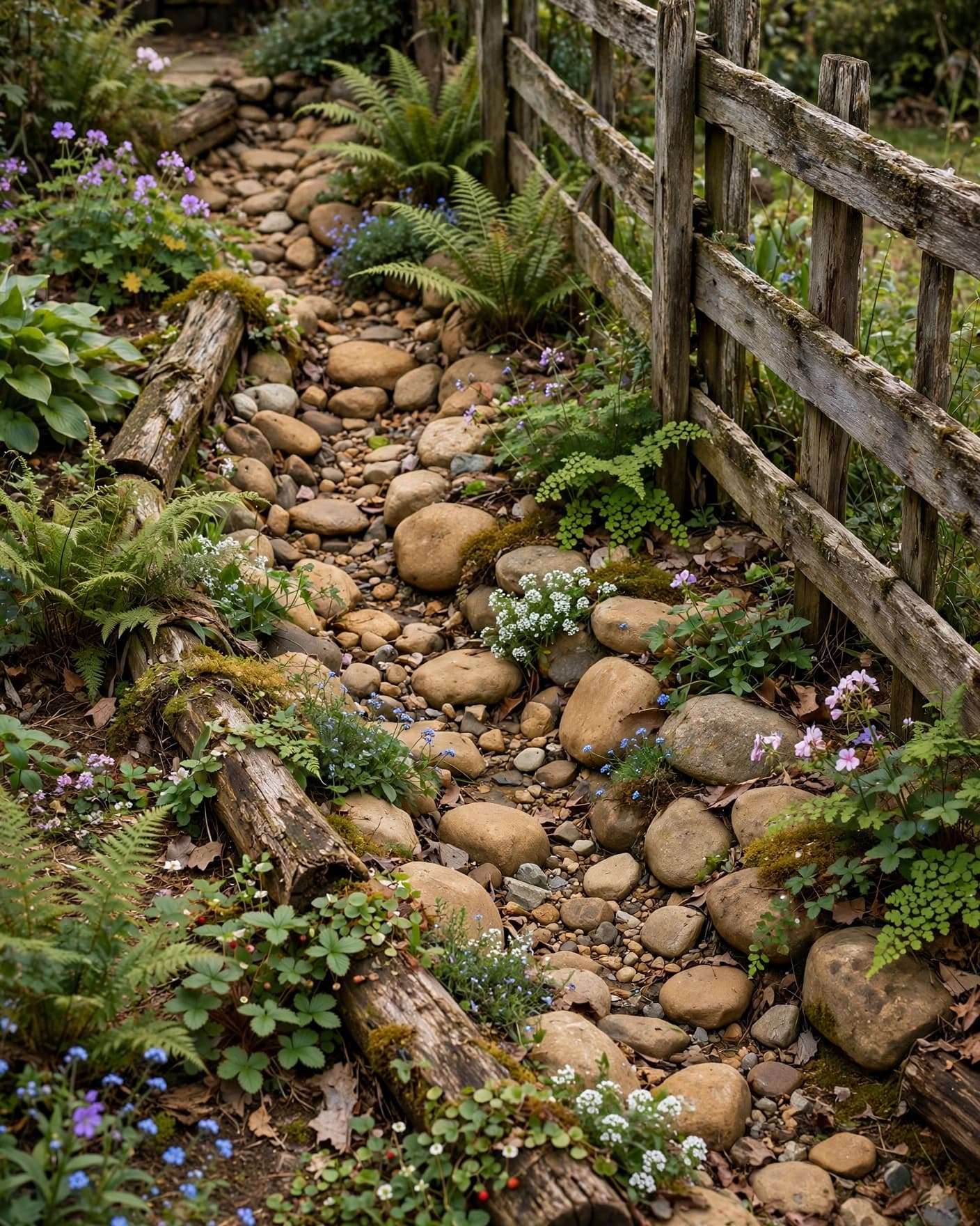 A stone-lined dry creek bed runs beside a wooden fence and leafy cottage plants.