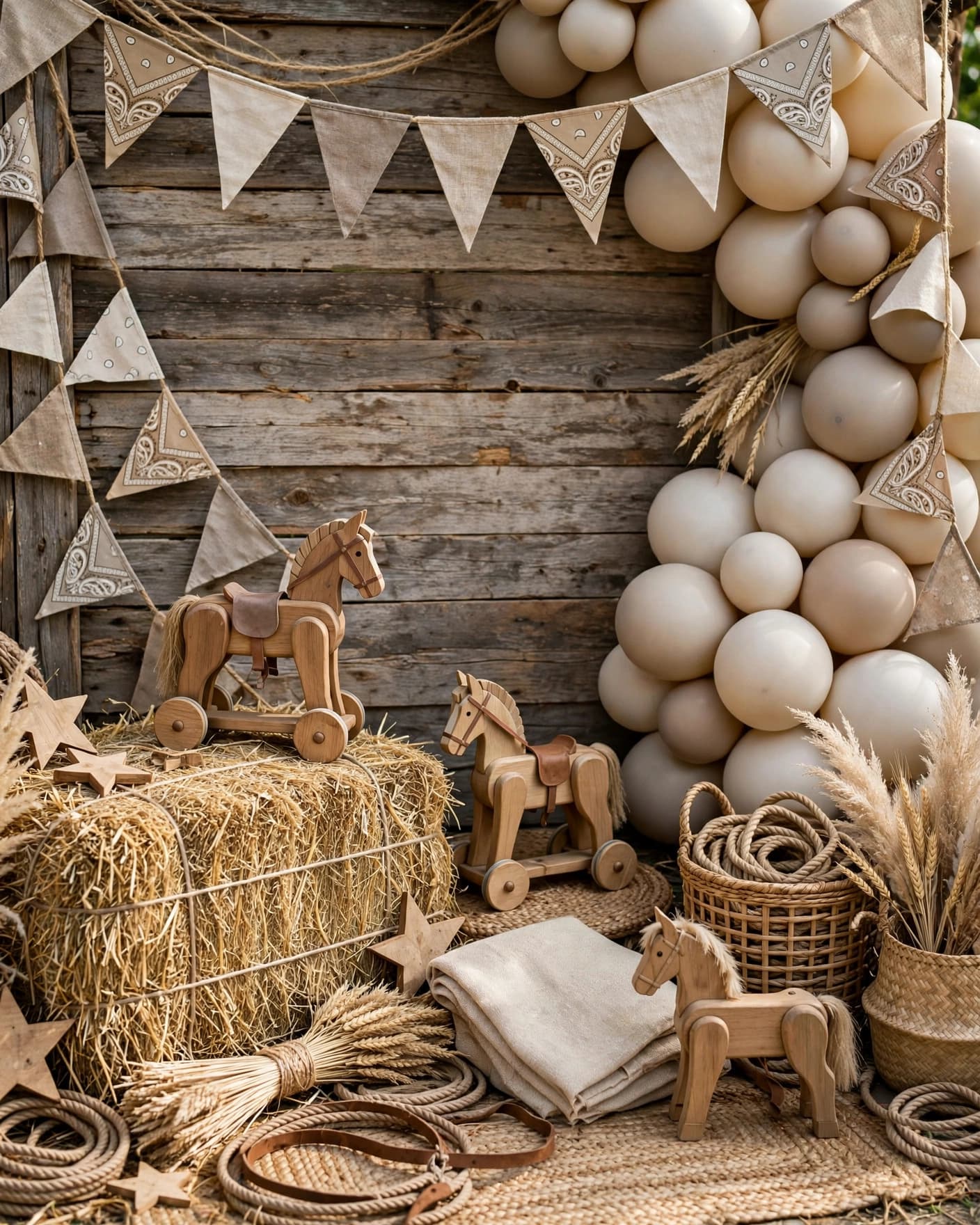Rustic kids' party corner with wooden horses, hay, bunting, and balloons.