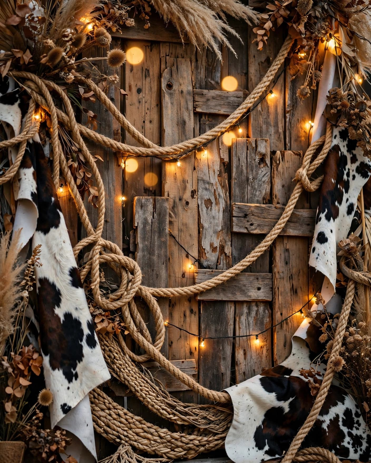 Rustic western backdrop with weathered wood, rope, cowhide accents, and string lights.