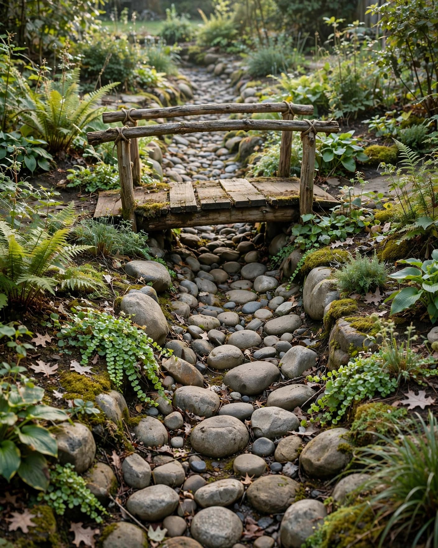 A wooden footbridge crosses a dry creek bed lined with stones and plants.