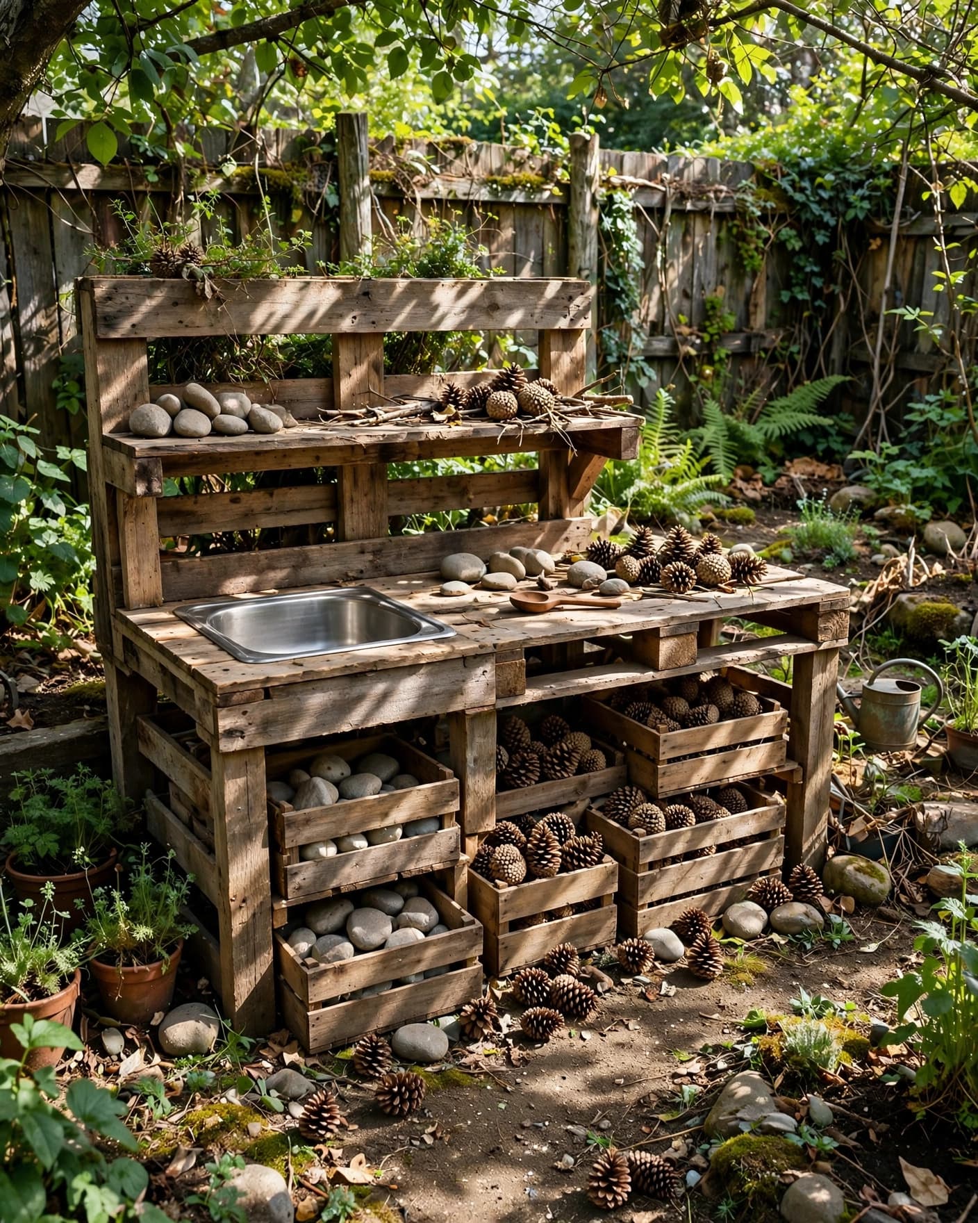 A pallet mud kitchen with a basin, crates, stones, and pinecones in a backyard.