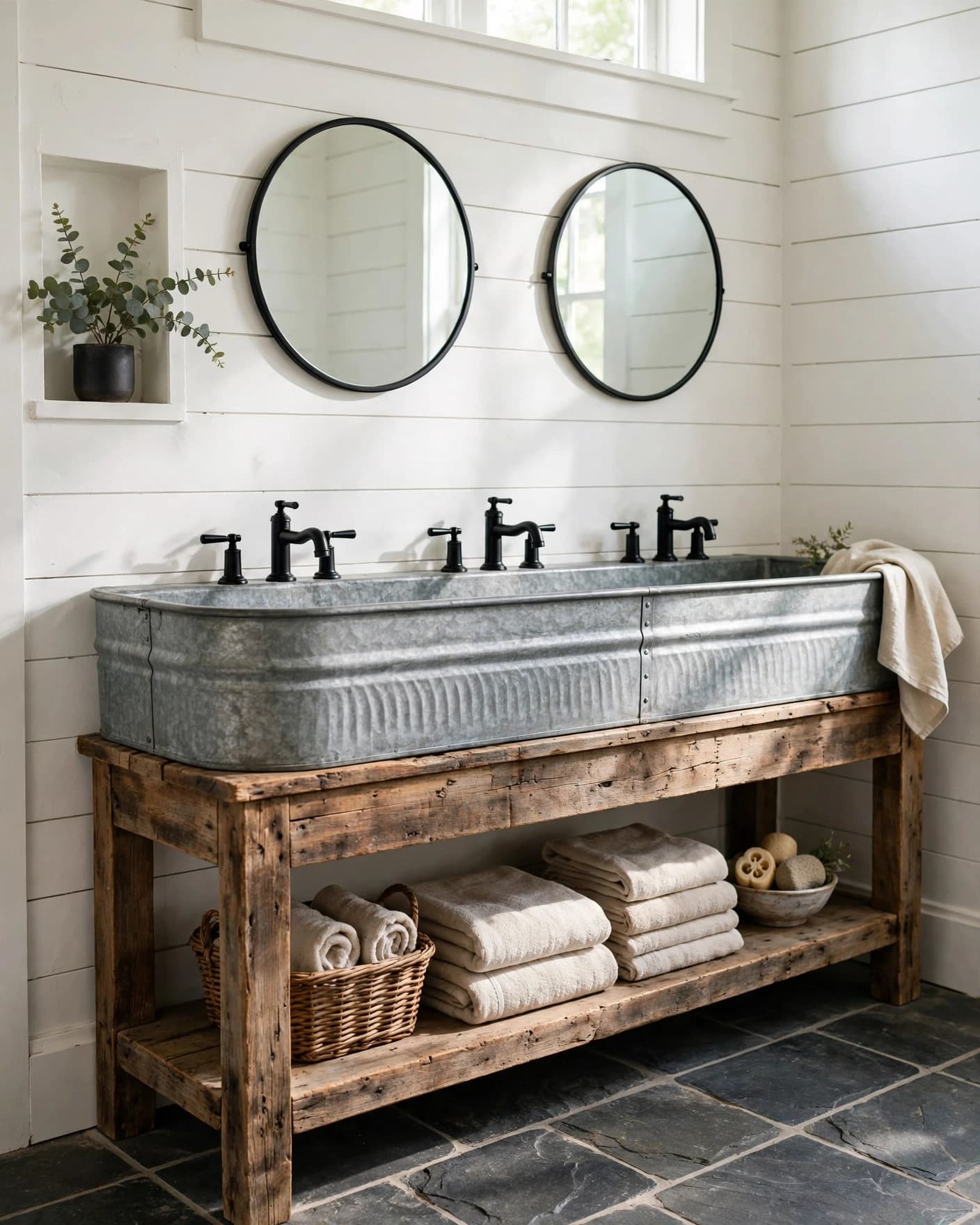 A galvanized trough sink sits on a wood console in a rustic bathroom.