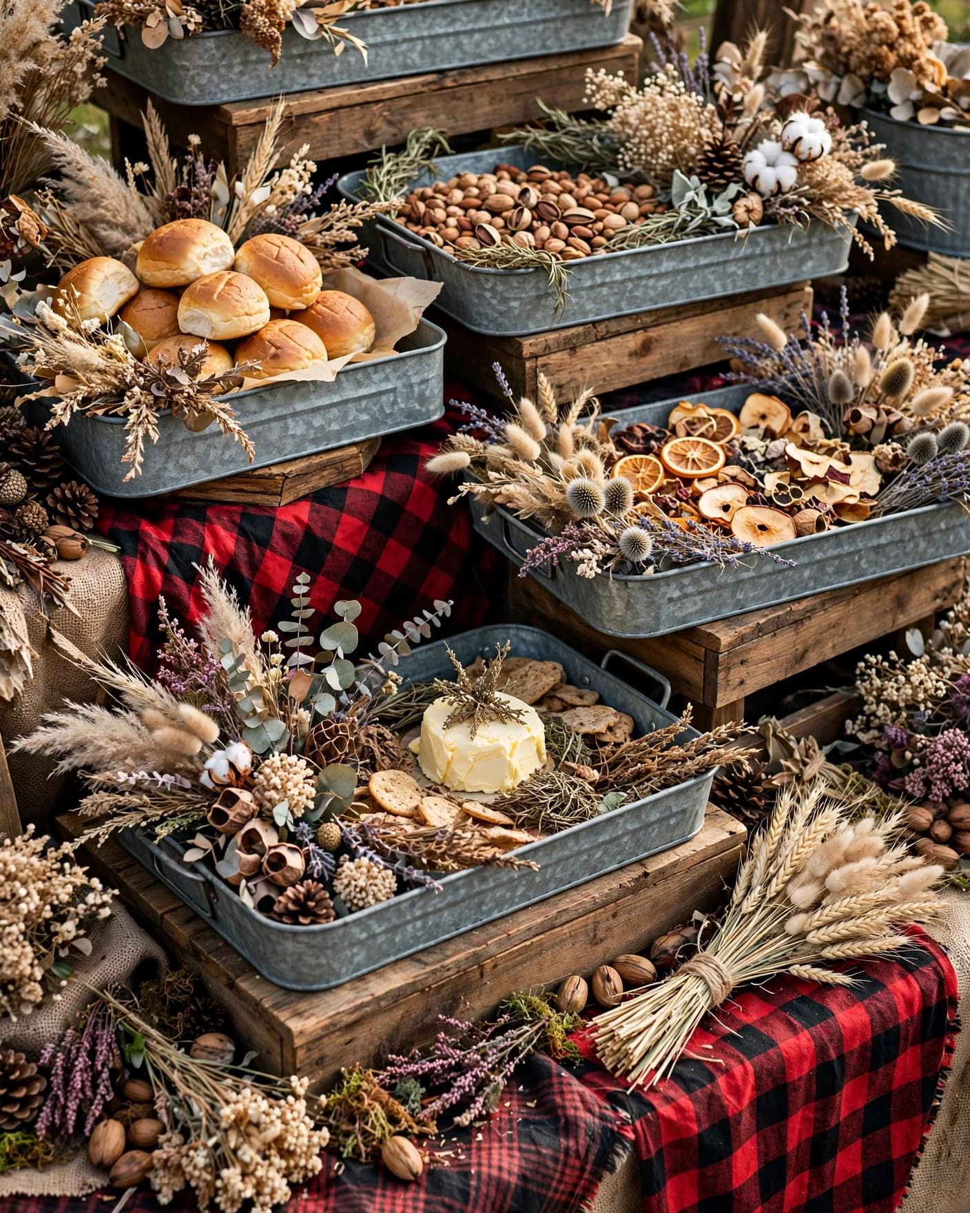 Rustic buffet with metal trays, wooden risers, plaid fabric, and dried flowers.